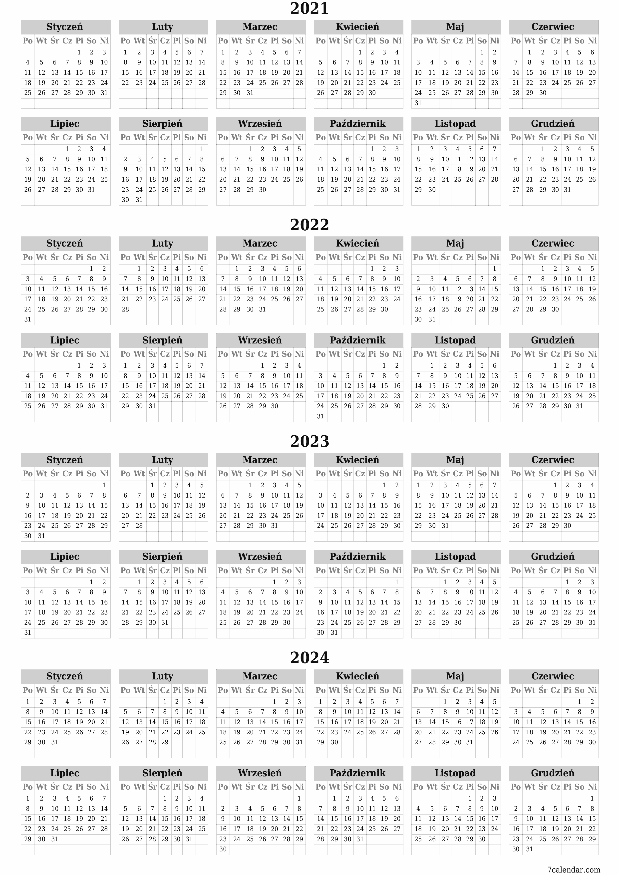 Opróżnij kalendarz rocznego planowania na rok 2021, 2022, 2023, 2024 z notatkami, zapisz i wydrukuj w formacie PDF PNG Polish