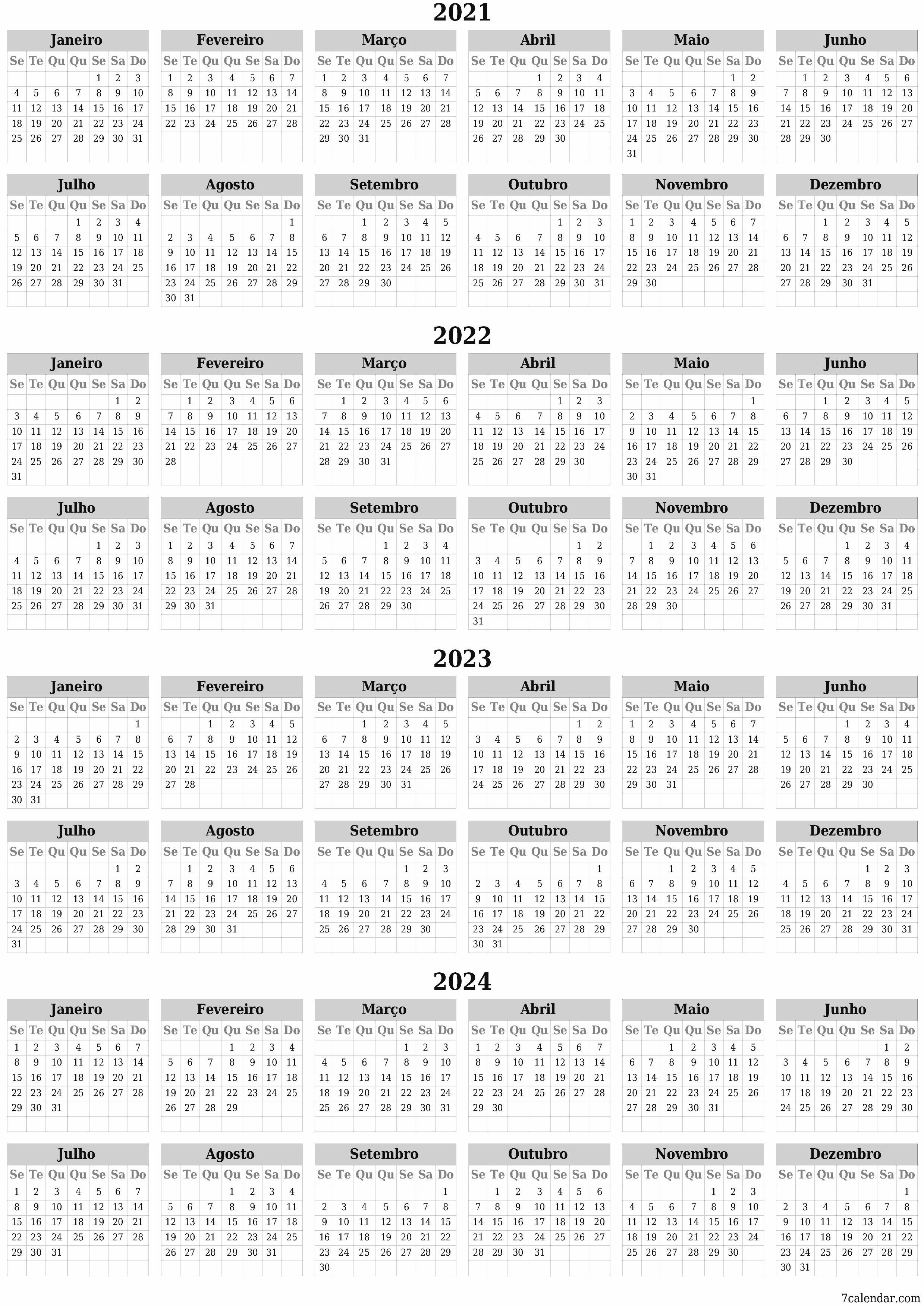 Calendário de planejador anual vazio para o ano 2021, 2022, 2023, 2024 com notas, salve e imprima em PDF PNG Portuguese
