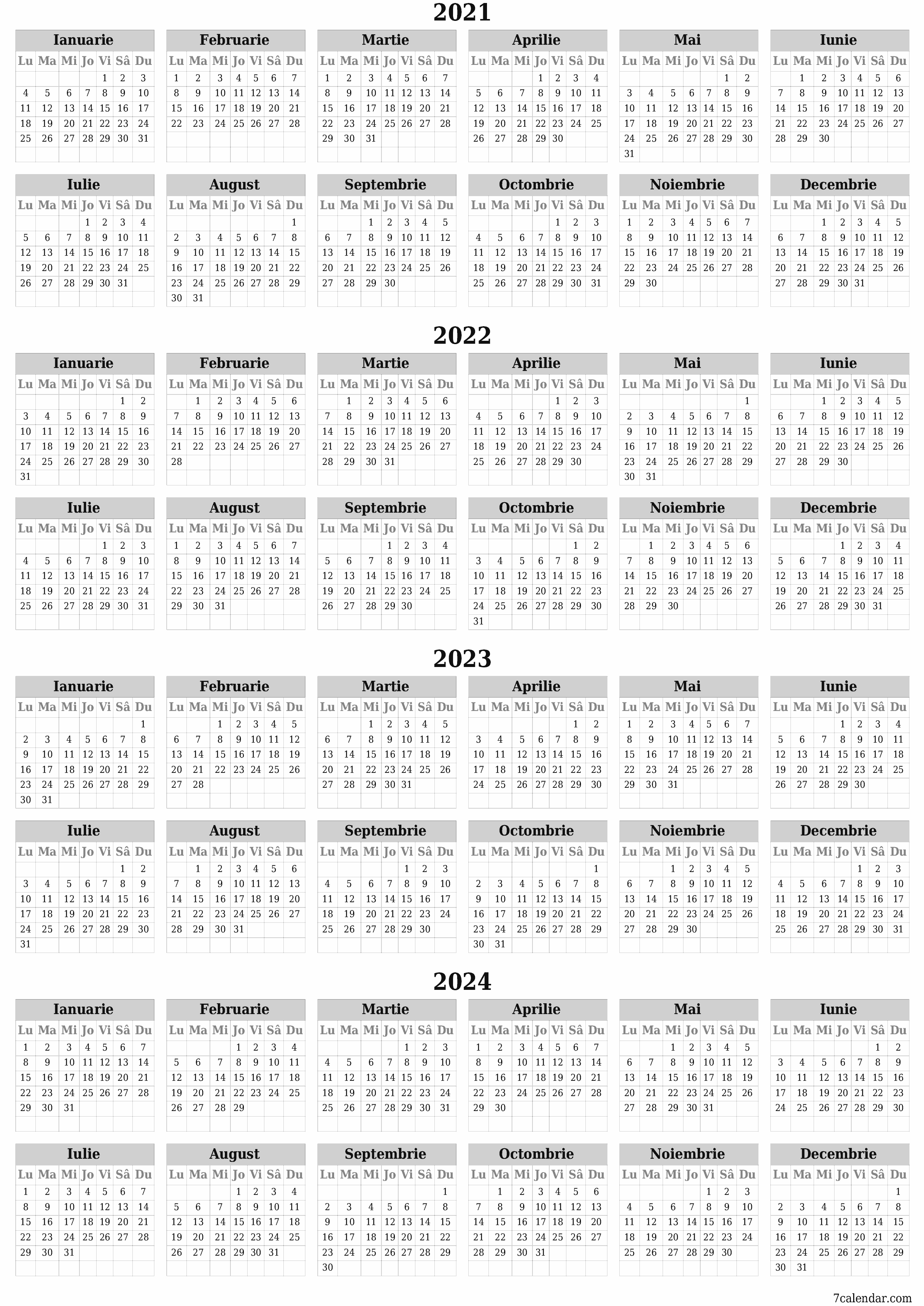 Goliți calendarul anual al planificatorului pentru anul 2021, 2022, 2023, 2024 cu note, salvați și tipăriți în PDF PNG Romanian