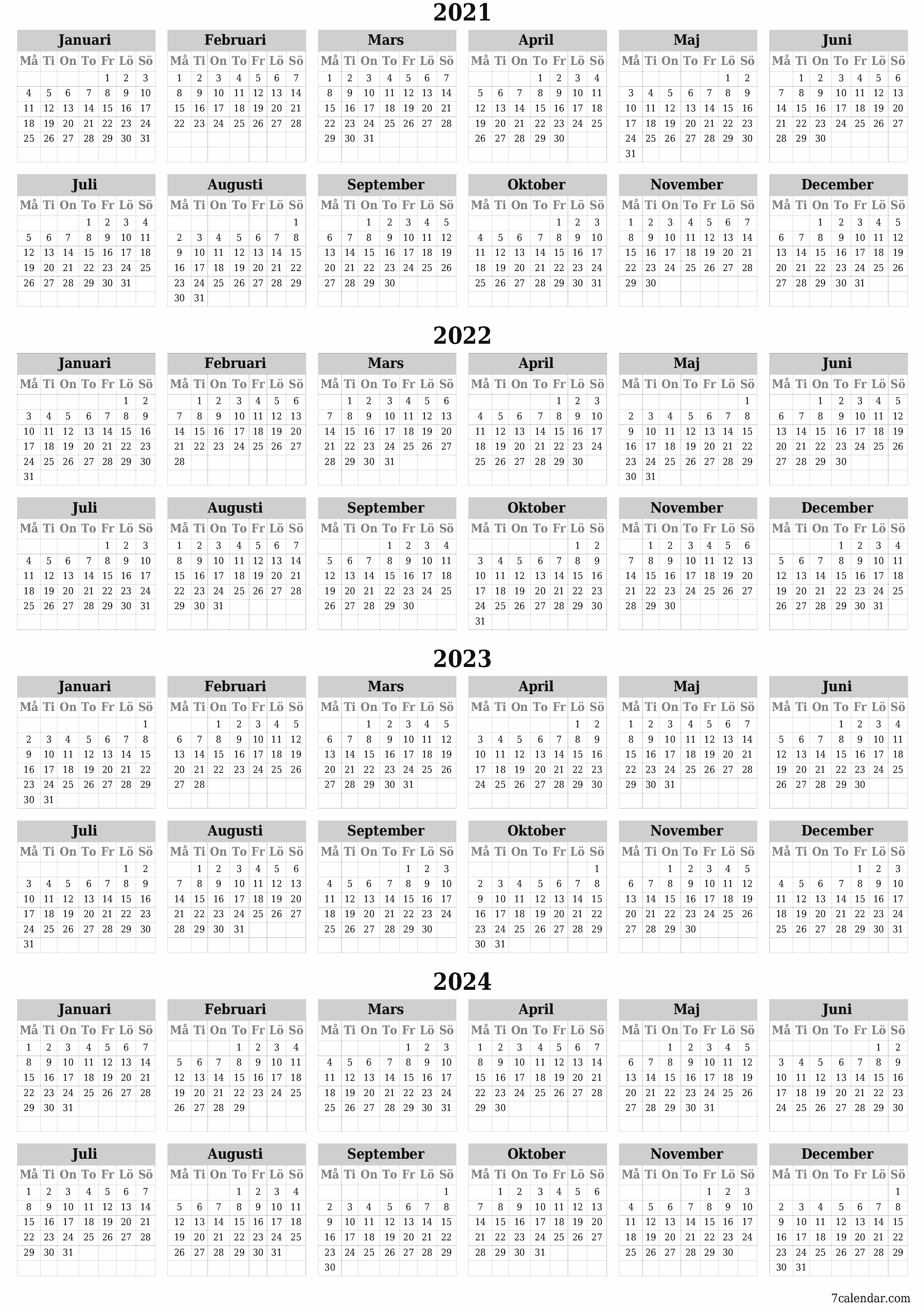 Tom årlig planeringskalender för året 2021, 2022, 2023, 2024 med anteckningar, spara och skriv ut till PDF PNG Swedish