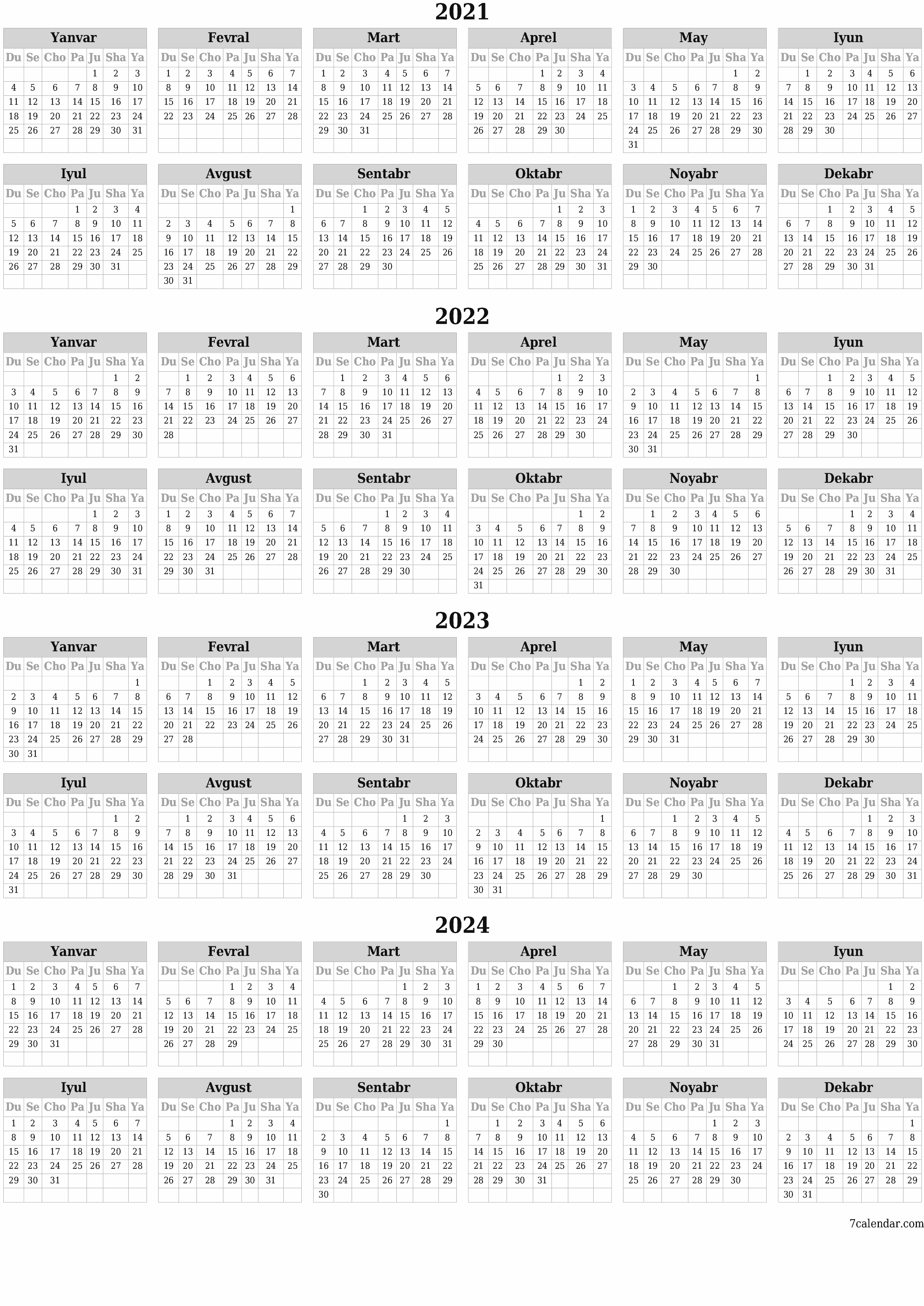 chop etiladigan devor taqvimi shabloni bepul vertikal Yillik kalendar Fevral (Fev) 2021