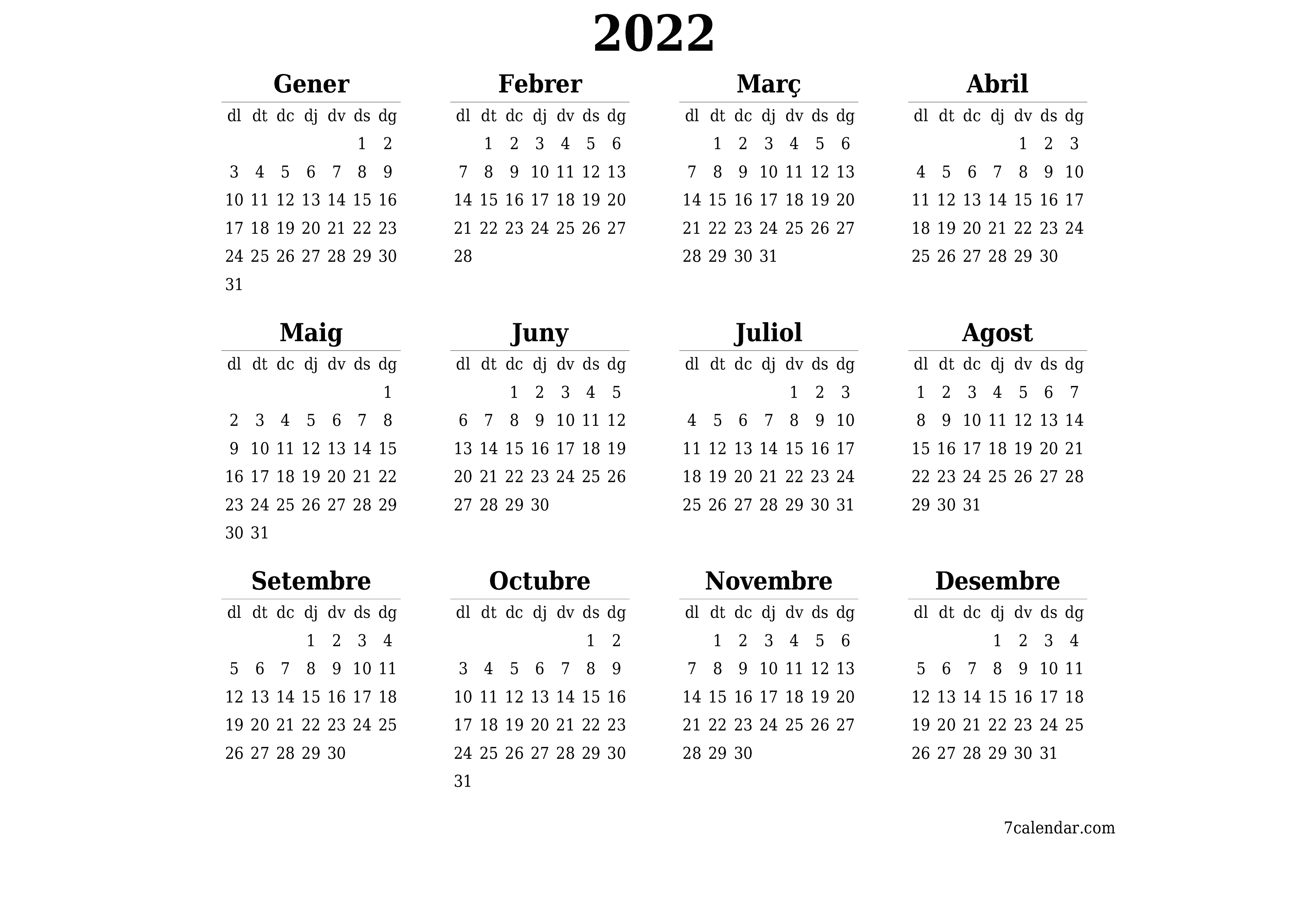 Plantilla d'imatge de calendari HD amb data anual en blanc per a l'any 2022, deseu-la i imprimiu-la com a PDF PNG Catalan - 7calendar.com