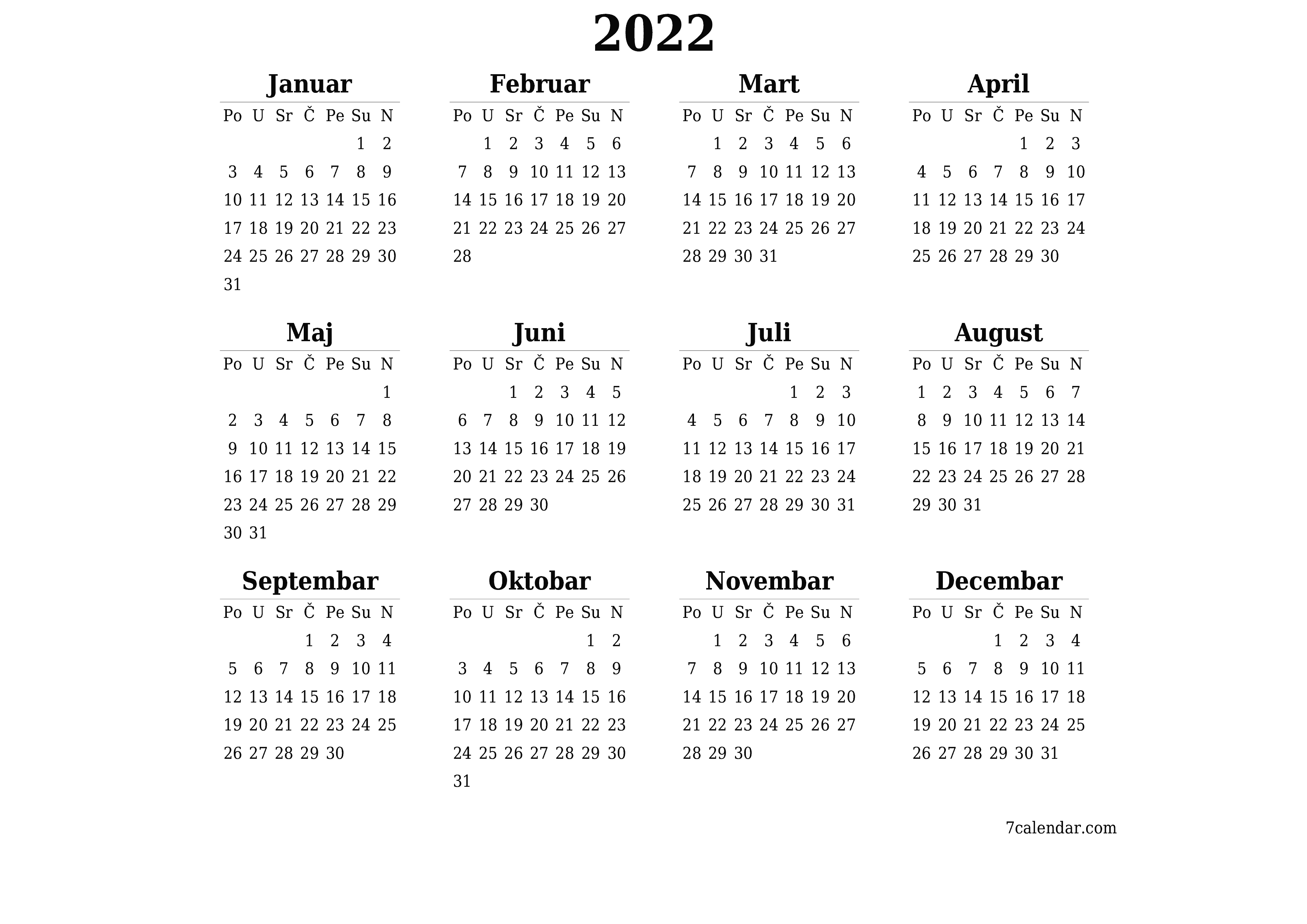 Ispraznite godišnji kalendar planera za godinu 2022 s bilješkama, spremite i ispišite u PDF PNG Bosnian - 7calendar.com