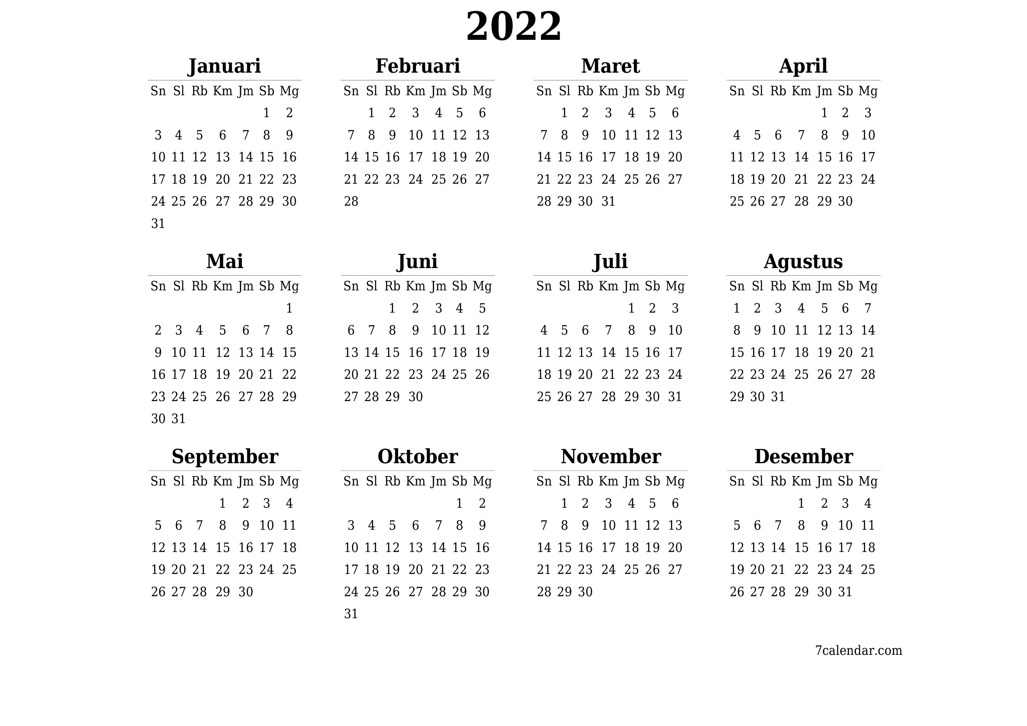  yang dapat dicetak dinding templat gratishorisontal Tahunan kalender Desember (Des) 2022