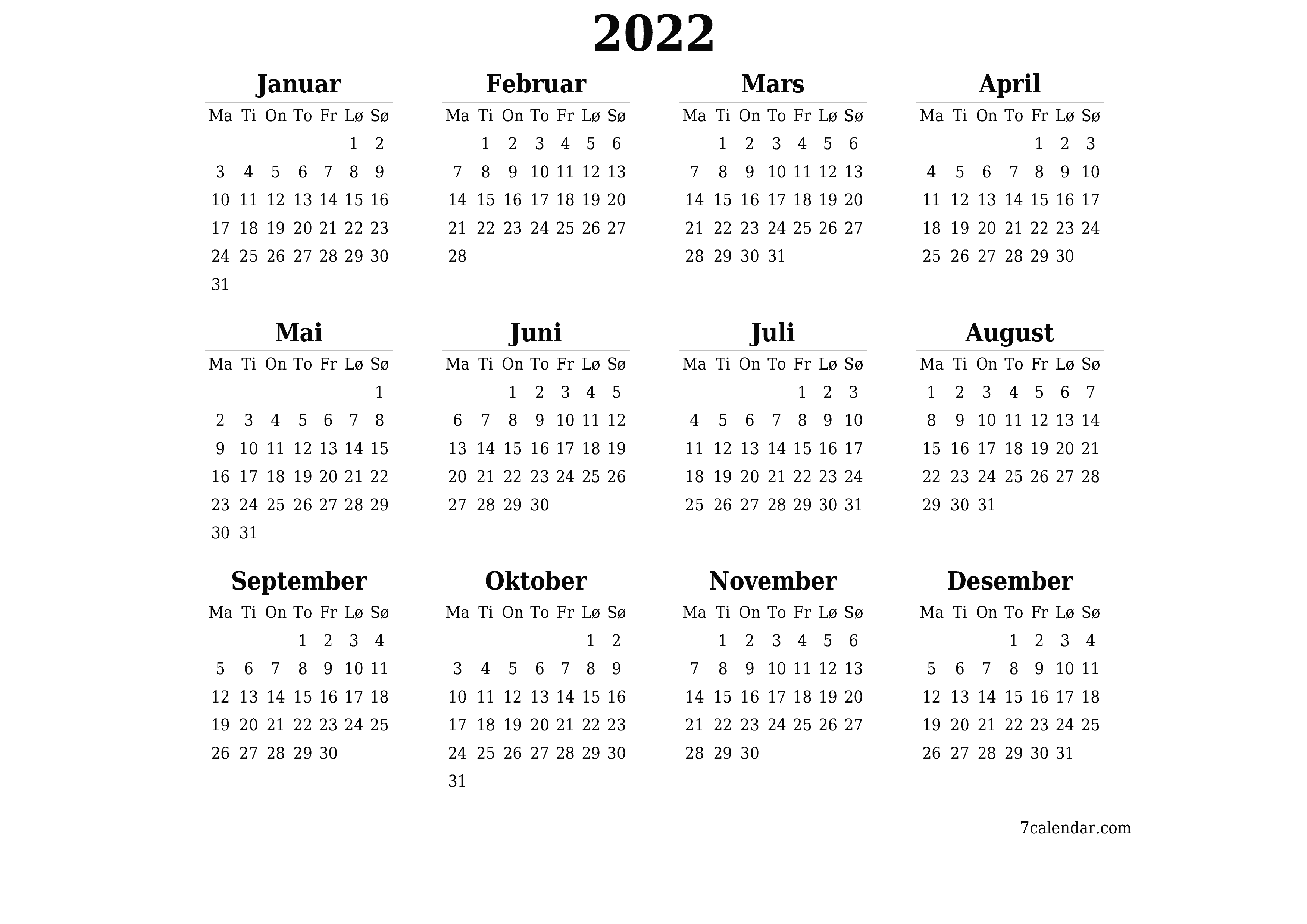 Tom årlig planleggerkalender for året 2022 med notater, lagre og skrive ut i PDF PNG Norwegian