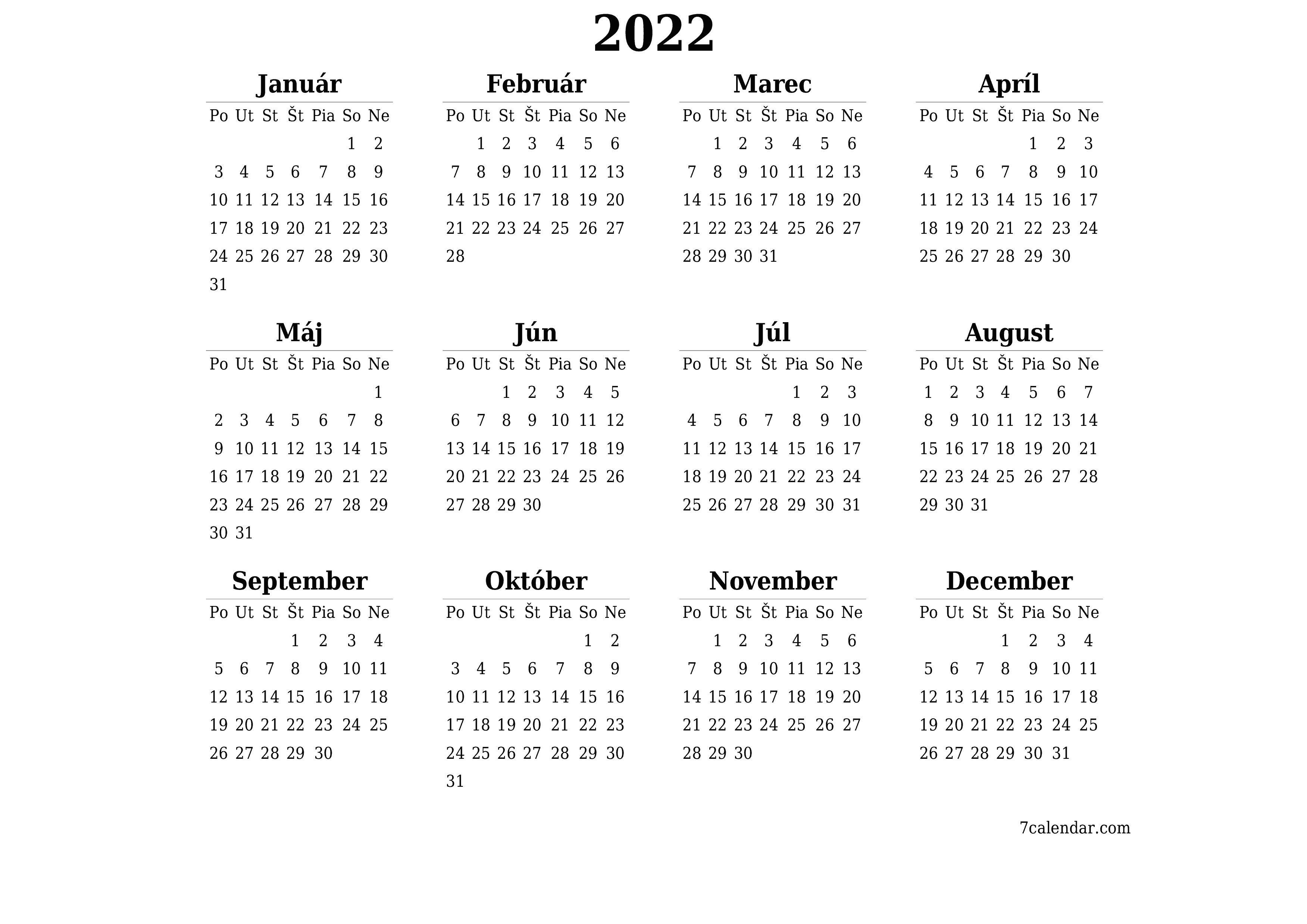 Prázdny ročný kalendár plánovača na rok 2022 s poznámkami, uložením a tlačou do formátu PDF PNG Slovak