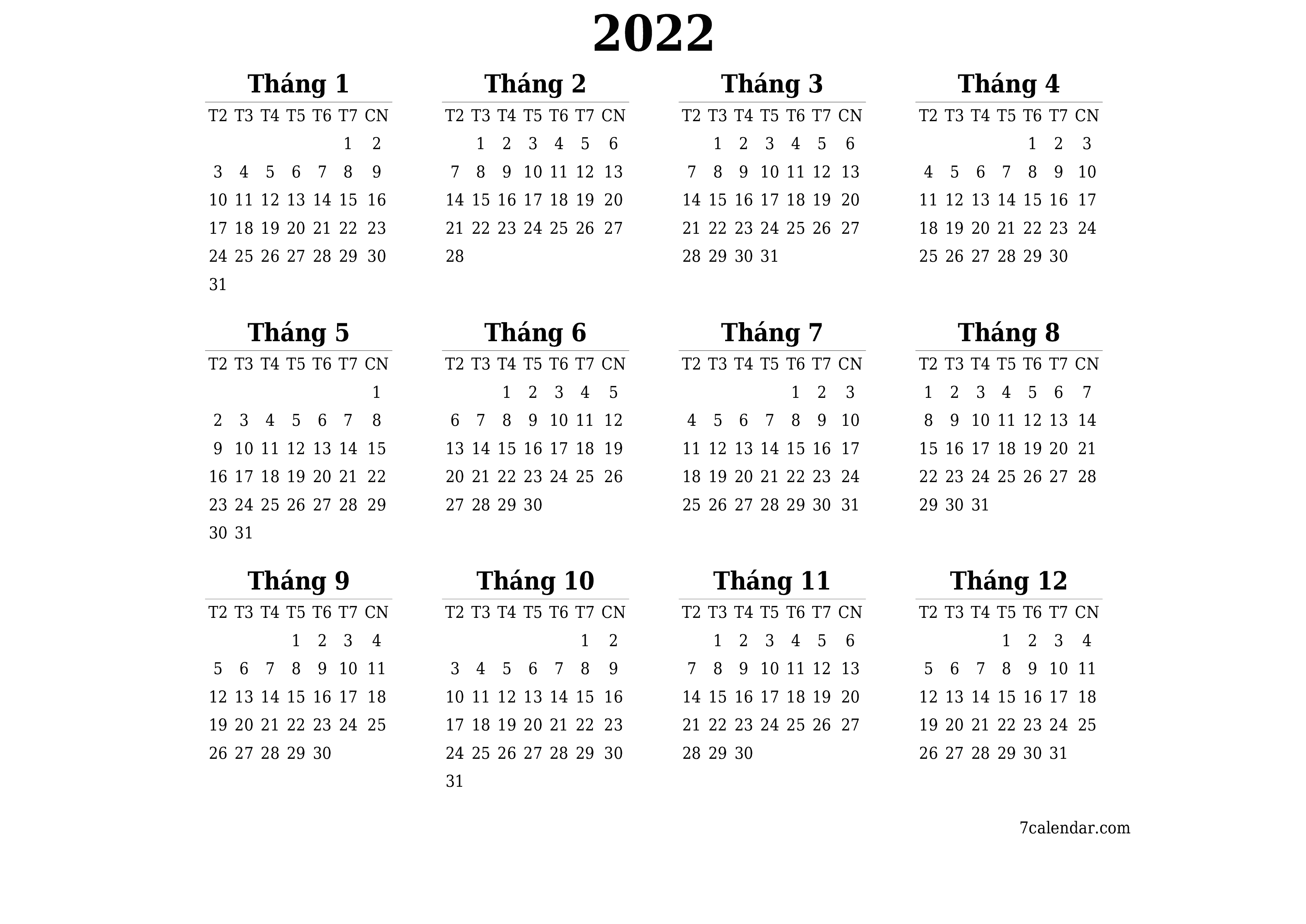 Lịch kế hoạch hàng năm trống cho năm 2022 có ghi chú, lưu và in sang PDF PNG Vietnamese - 7calendar.com