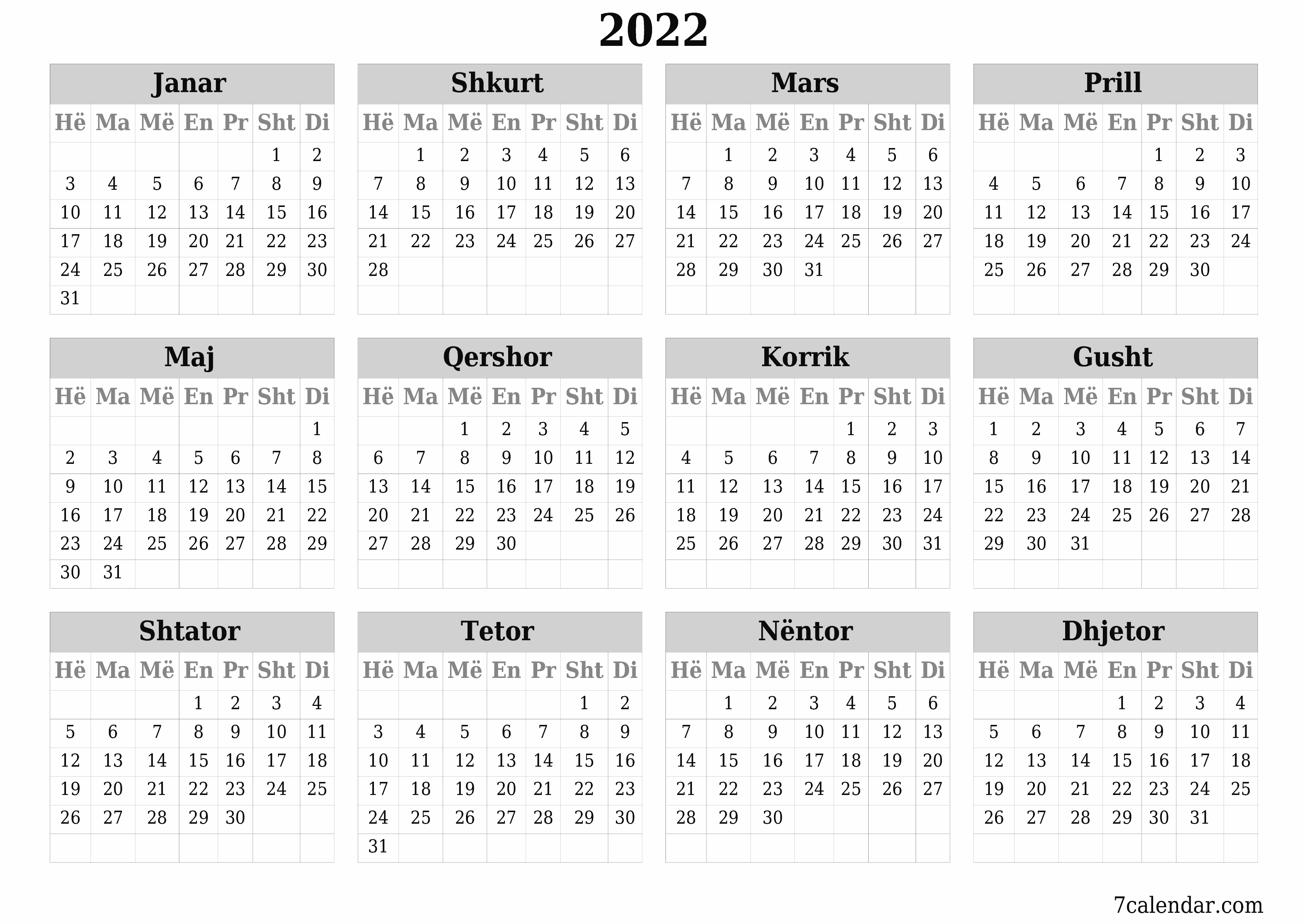 Planifikuesi bosh i kalendarit vjetor për vitin 2022 me shënime, ruani dhe printoni në PDF PNG Albanian