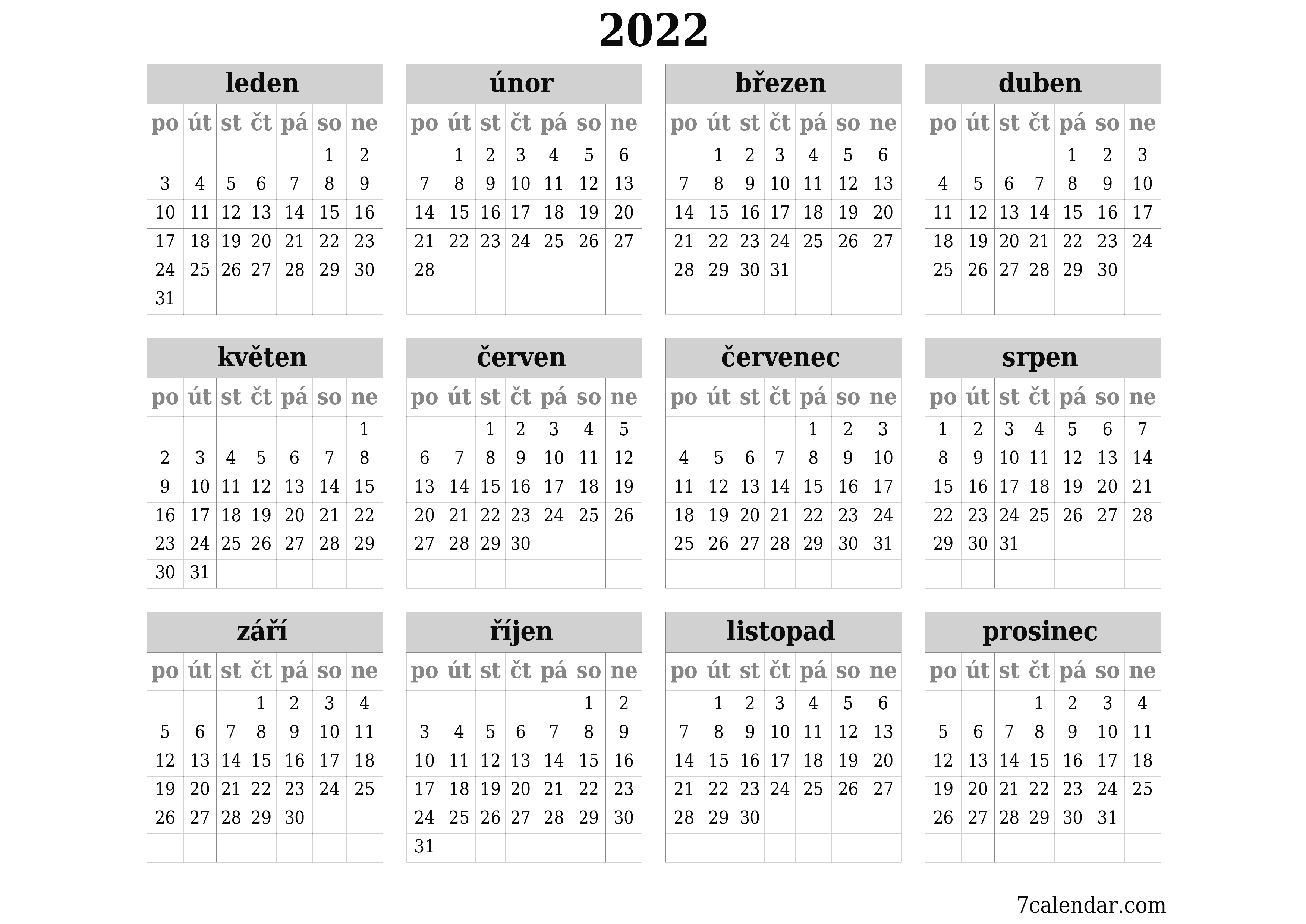 Prázdný roční kalendář plánovače pro rok 2022 s poznámkami, uložením a tiskem do PDF PNG Czech