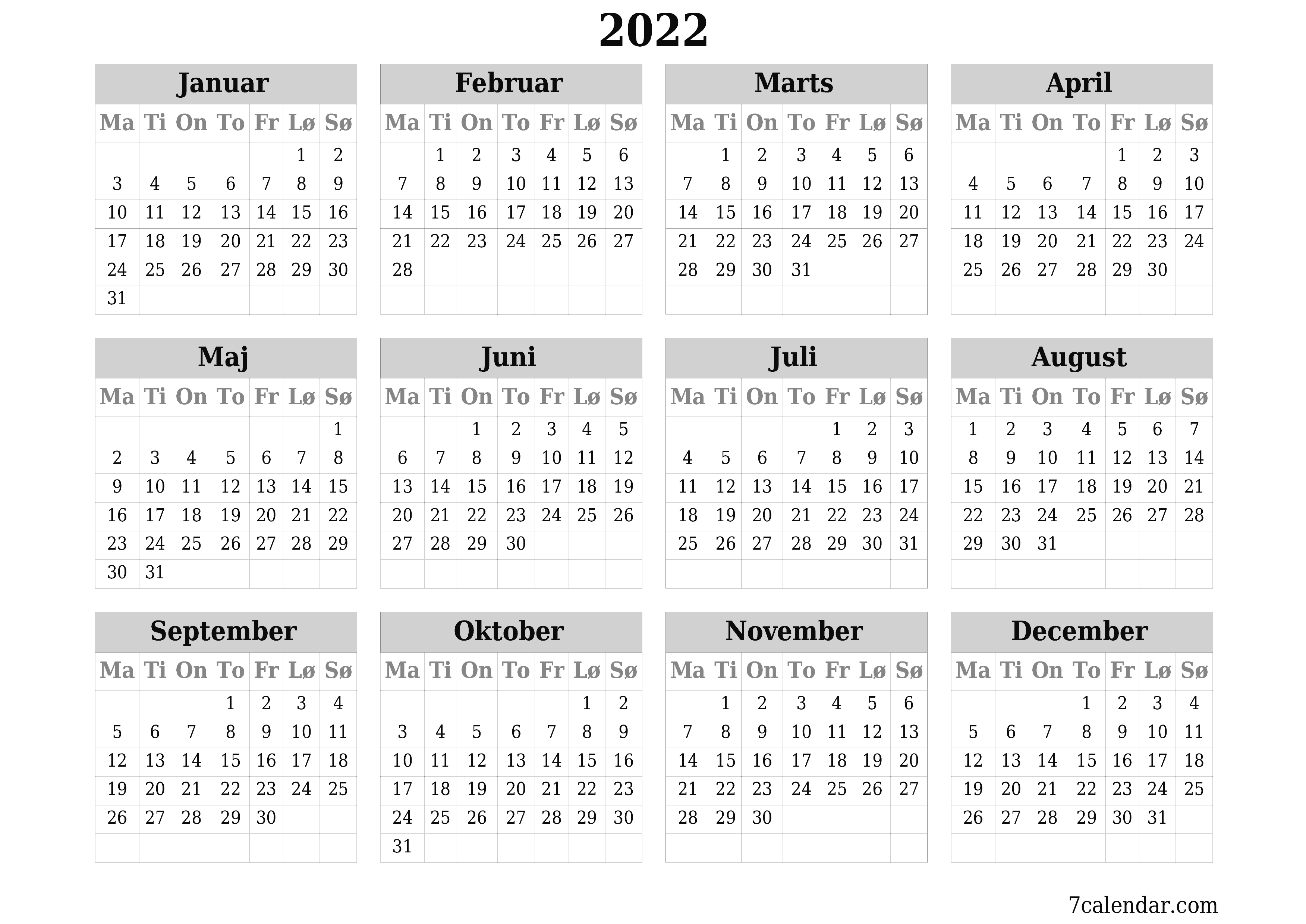Tom årlig planlægningskalender for året 2022 med noter, gem og udskriv til PDF PNG Danish