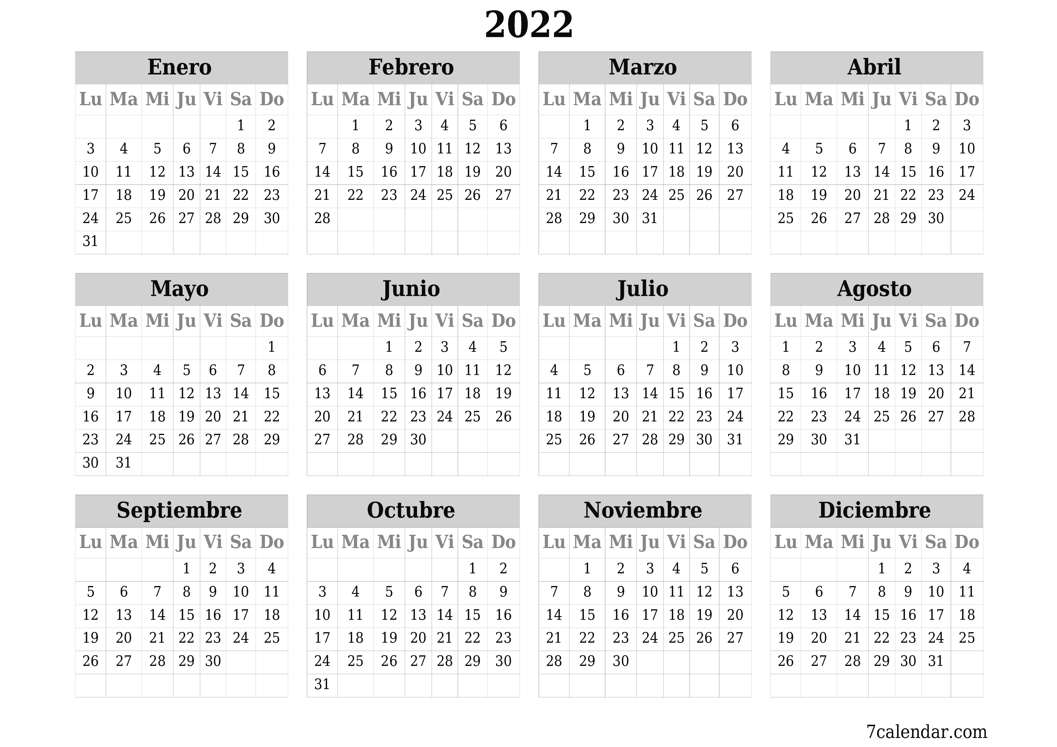 Calendario anual en blanco para el año 2022 guardar e imprimir en PDF PNG Spanish - 7calendar.com