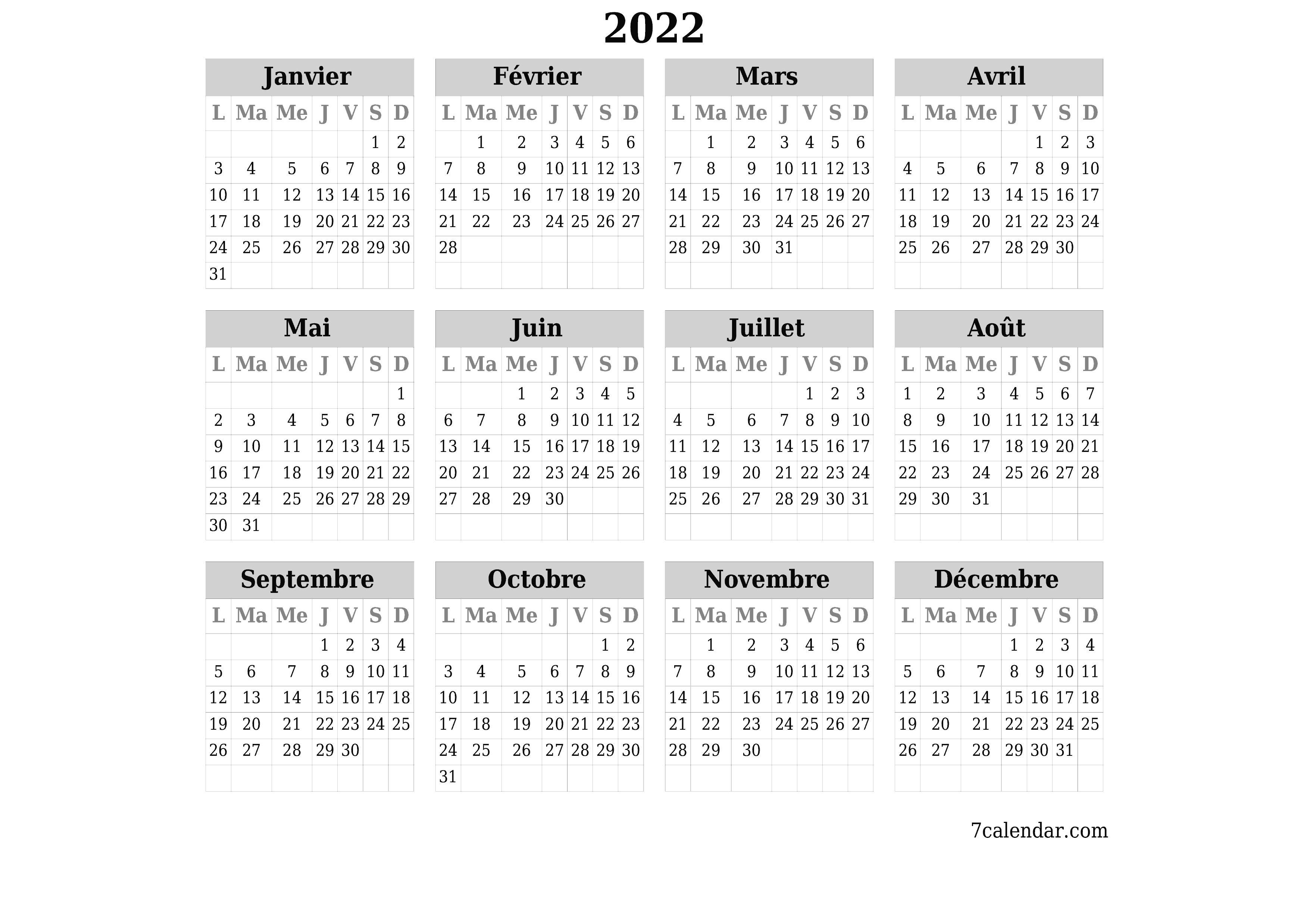 Calendrier annuel vide pour l'année 2022 avec notes, enregistrer et imprimer au format PDF PNG French - 7calendar.com