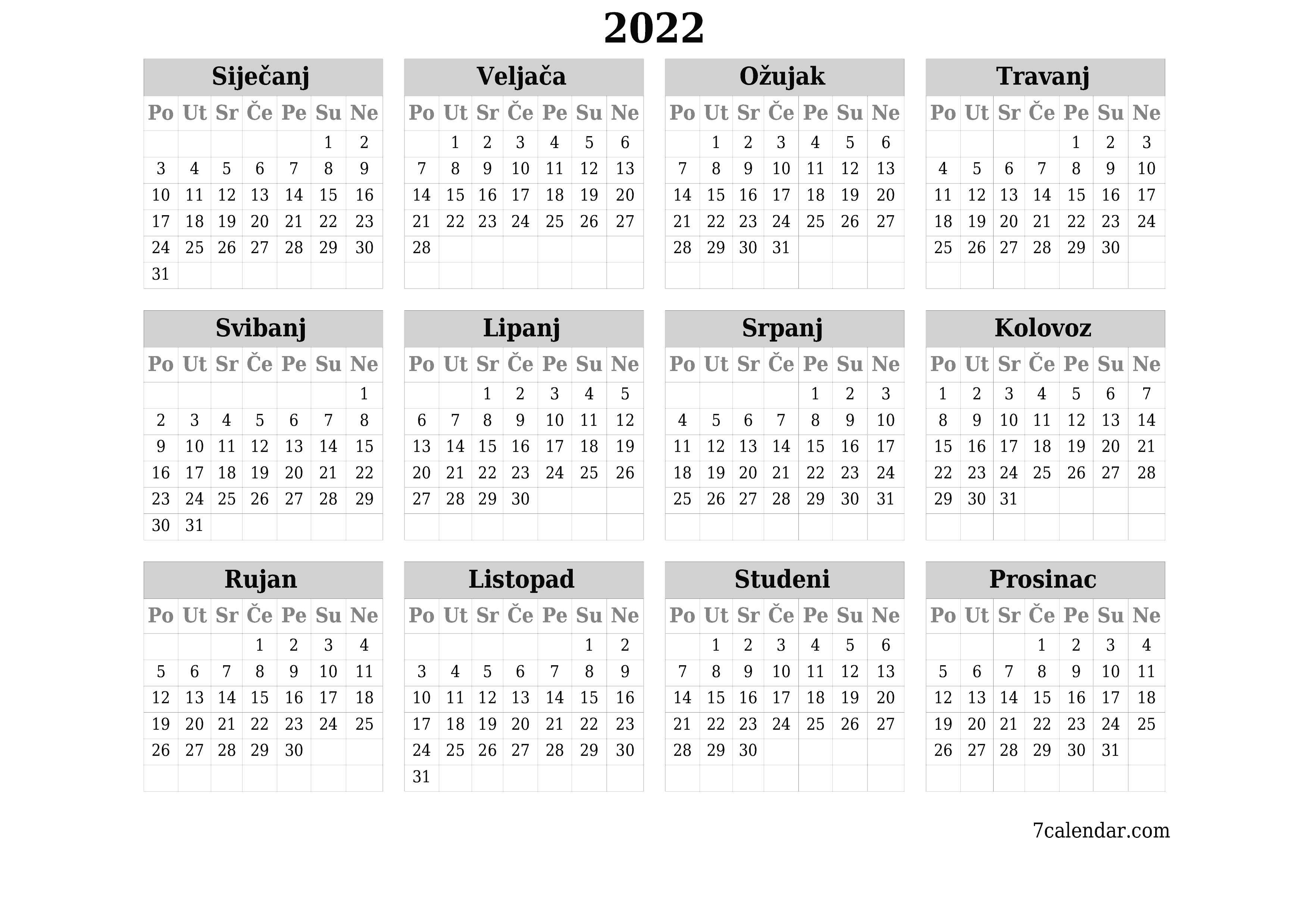 Prazan godišnji kalendar za godinu 2022 spremite i ispišite u PDF PNG Croatian - 7calendar.com