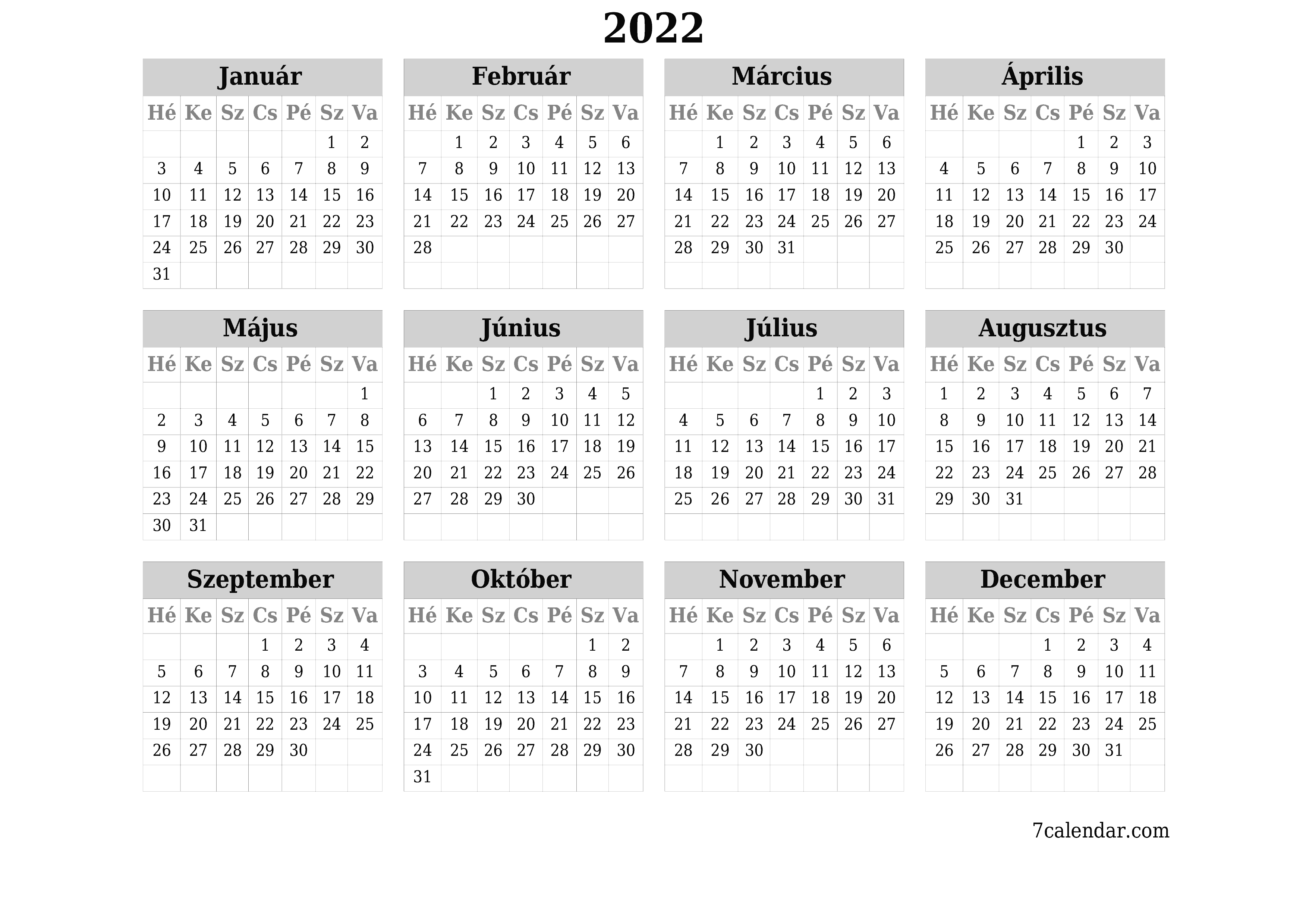 Üres éves naptár az évről 2022 mentés és nyomtatás PDF-be PNG Hungarian - 7calendar.com