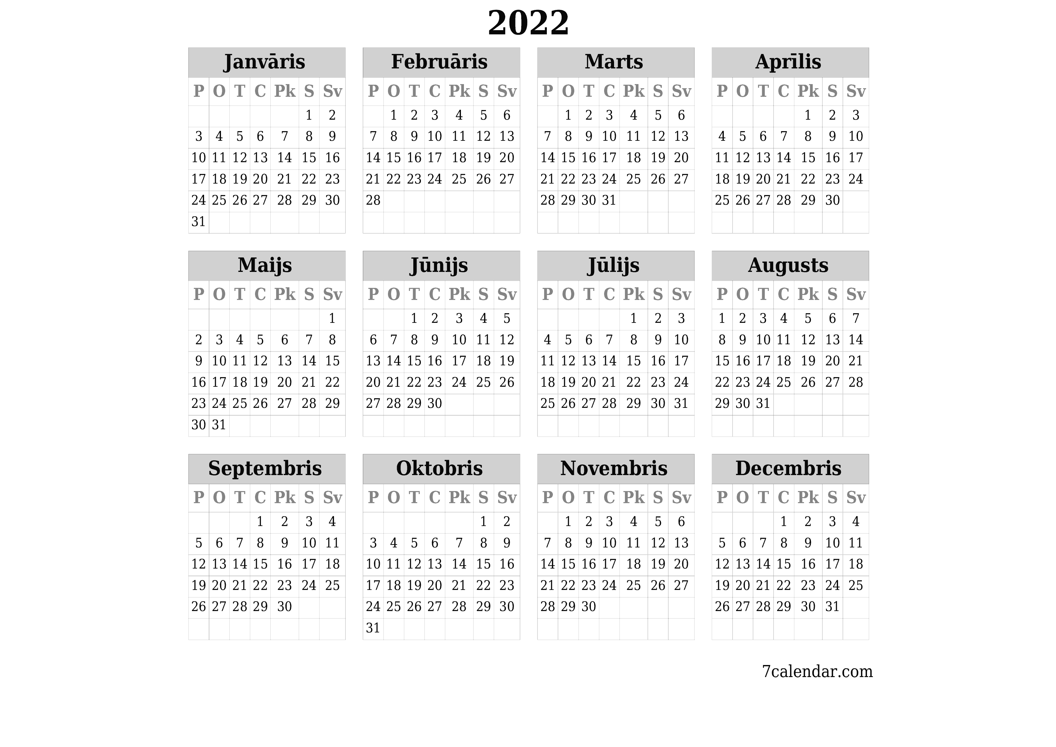 Tukšs gada plānotāja kalendārs gadam 2022 ar piezīmēm, saglabāšana un izdrukāšana PDF formātā PNG Latvian - 7calendar.com