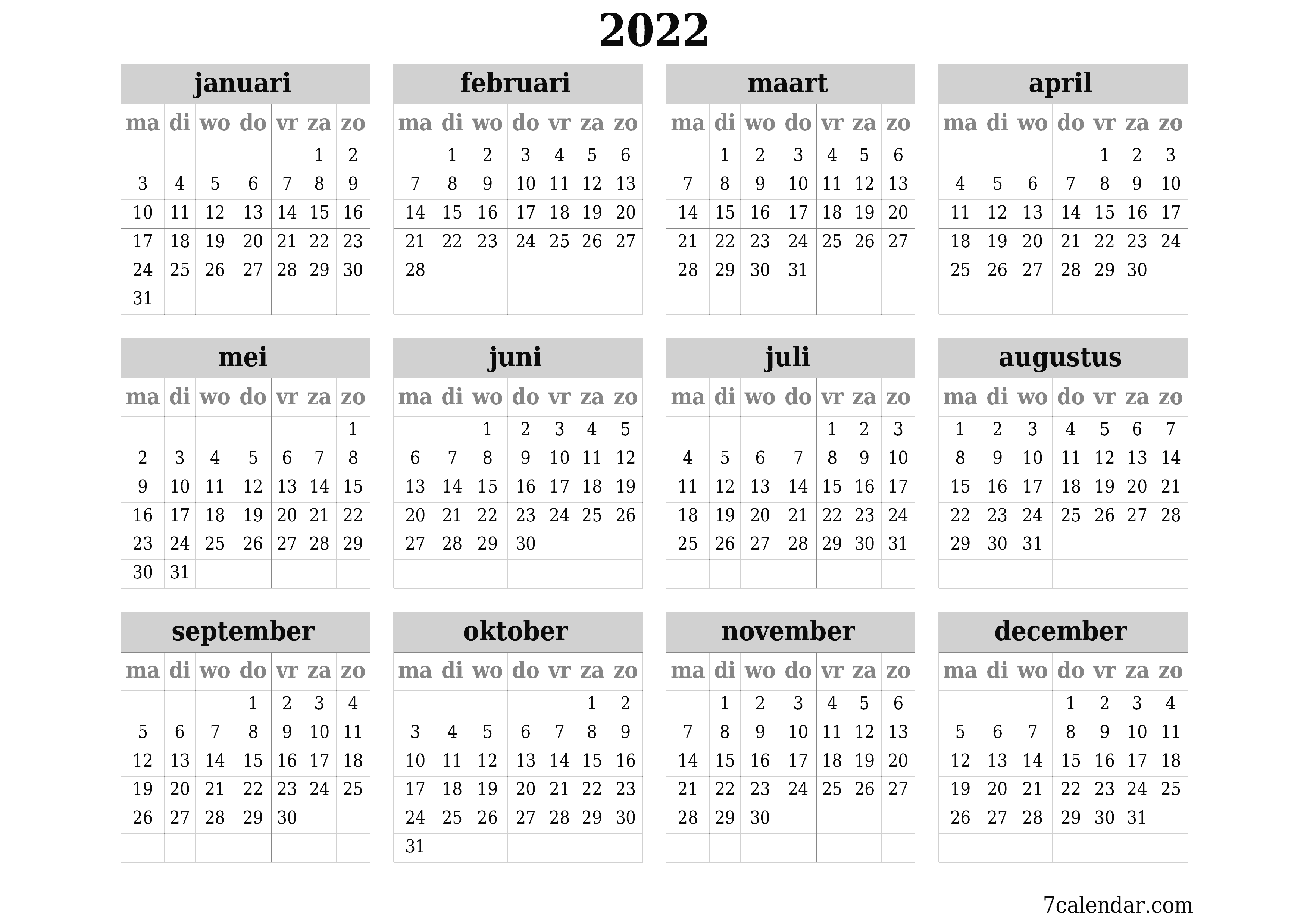 Blanco jaarkalender voor jaar 2022 opslaan en afdrukken naar pdf PNG Dutch - 7calendar.com