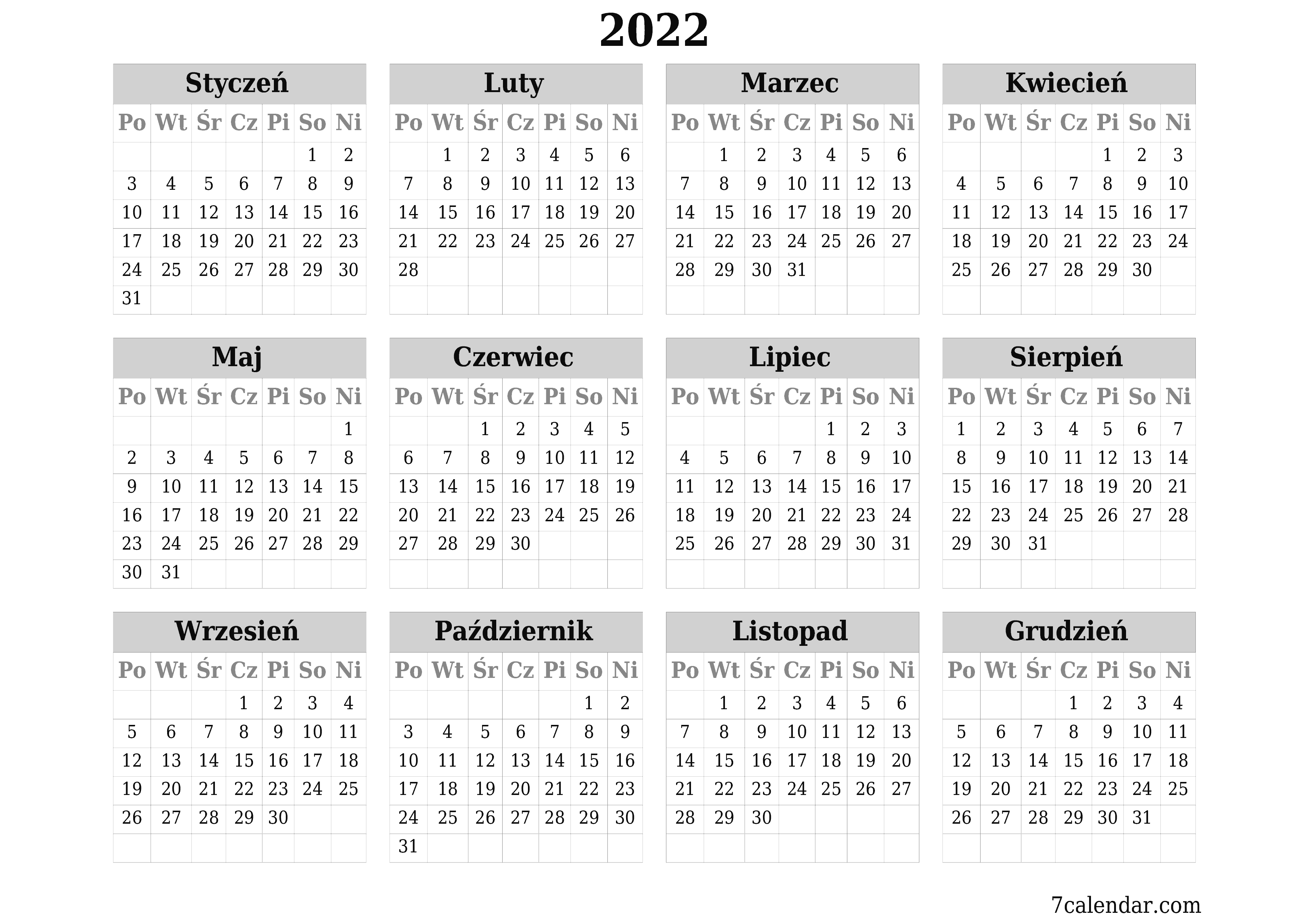 Opróżnij kalendarz rocznego planowania na rok 2022 z notatkami, zapisz i wydrukuj w formacie PDF PNG Polish - 7calendar.com