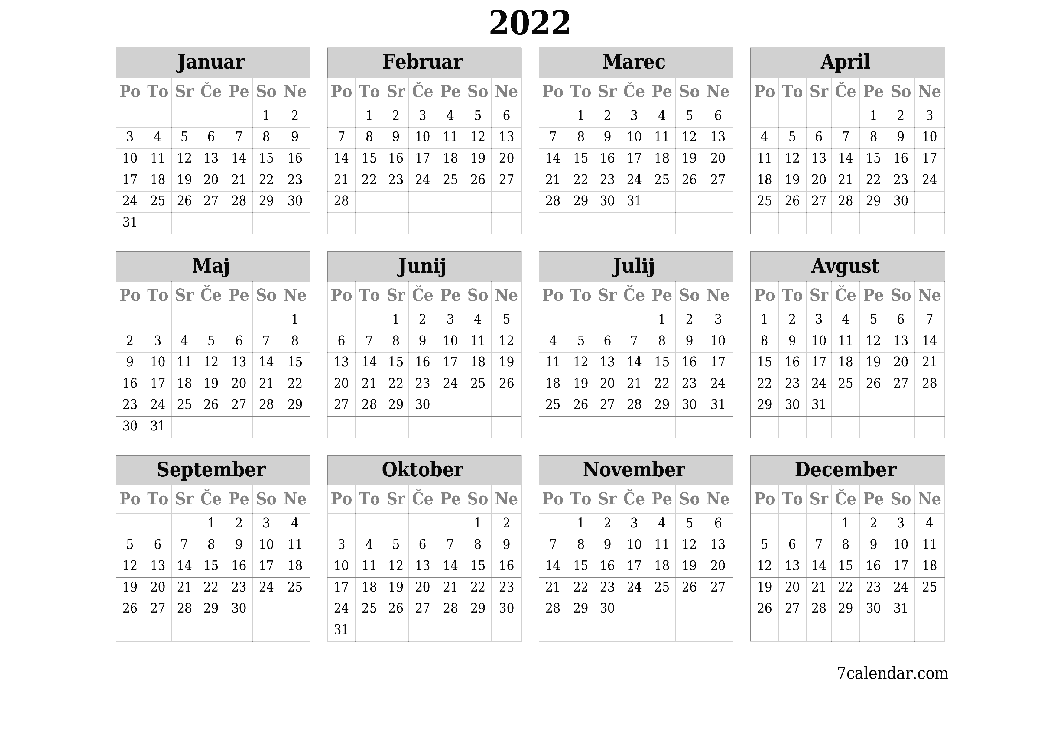 Prazen letni načrtovalec koledarja za leto 2022 z opombami za tiskanje v PDF-ju PNG Slovenian - 7calendar.com