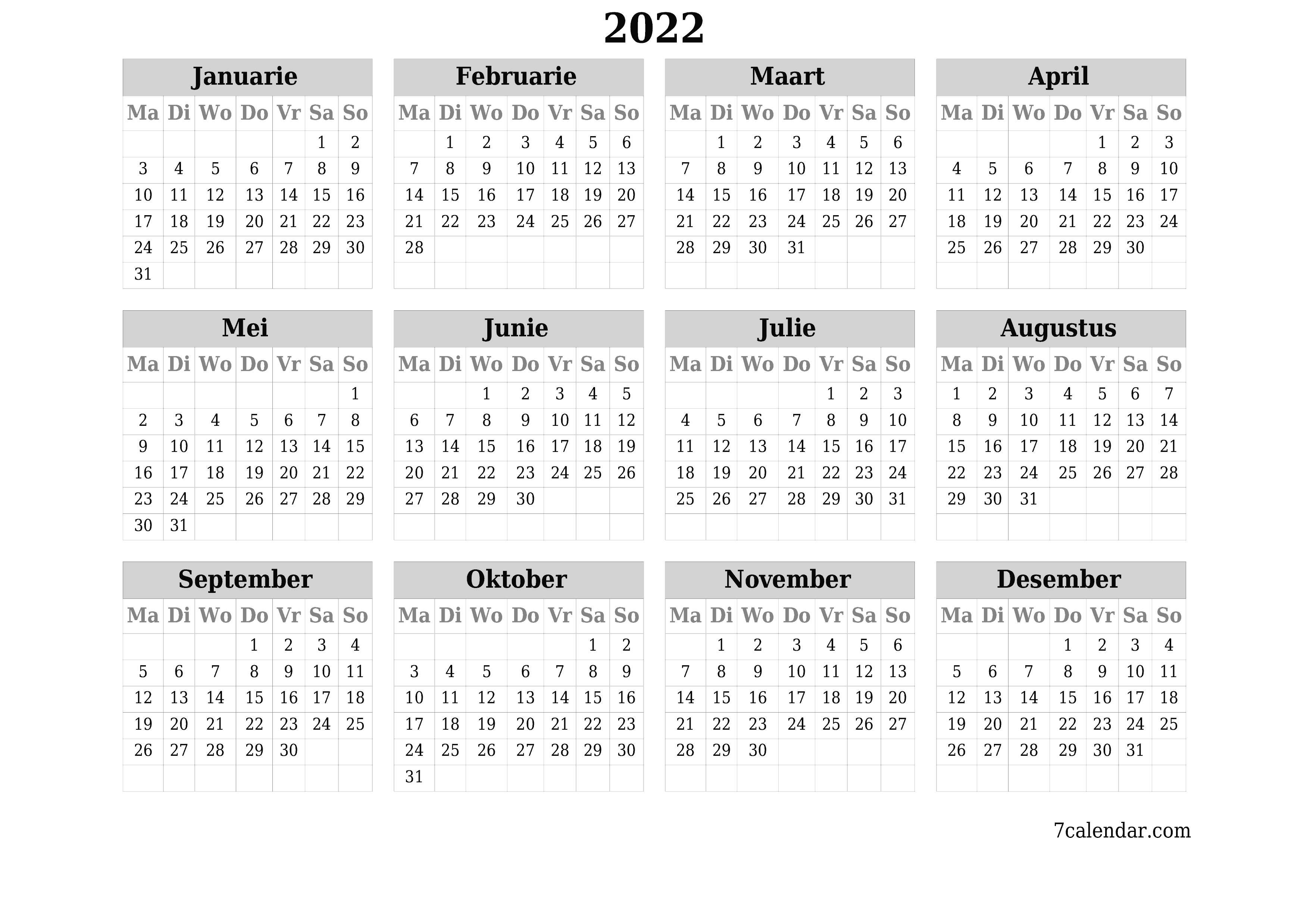 Leë jaarlikse drukbare kalender en beplanner vir die jaar 2022 met notas, stoor en druk na PDF PNG Afrikaans