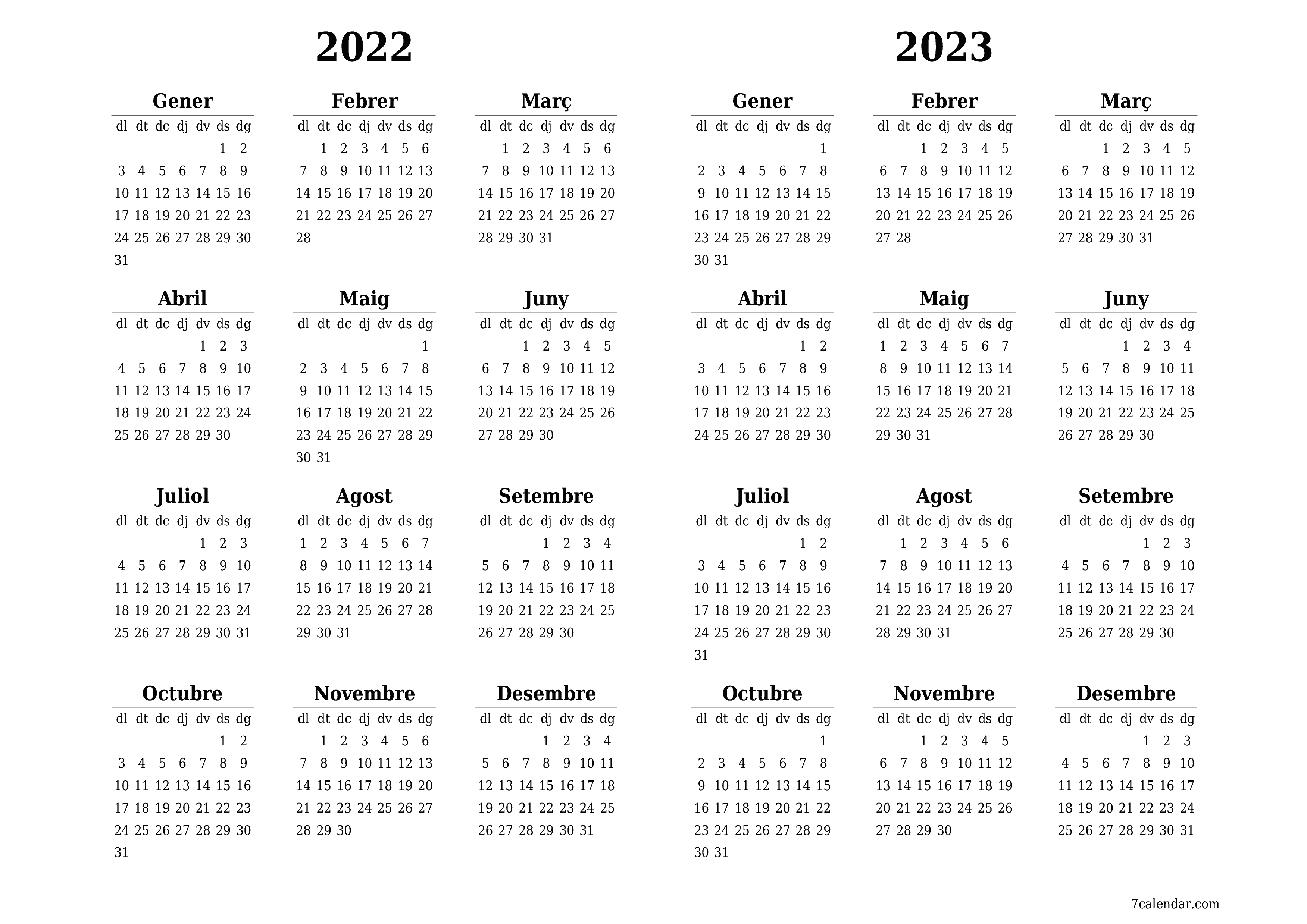 Planificador anual buit 2022, 2023 amb notes desades i imprimides en PDF PNG Catalan - 7calendar.com