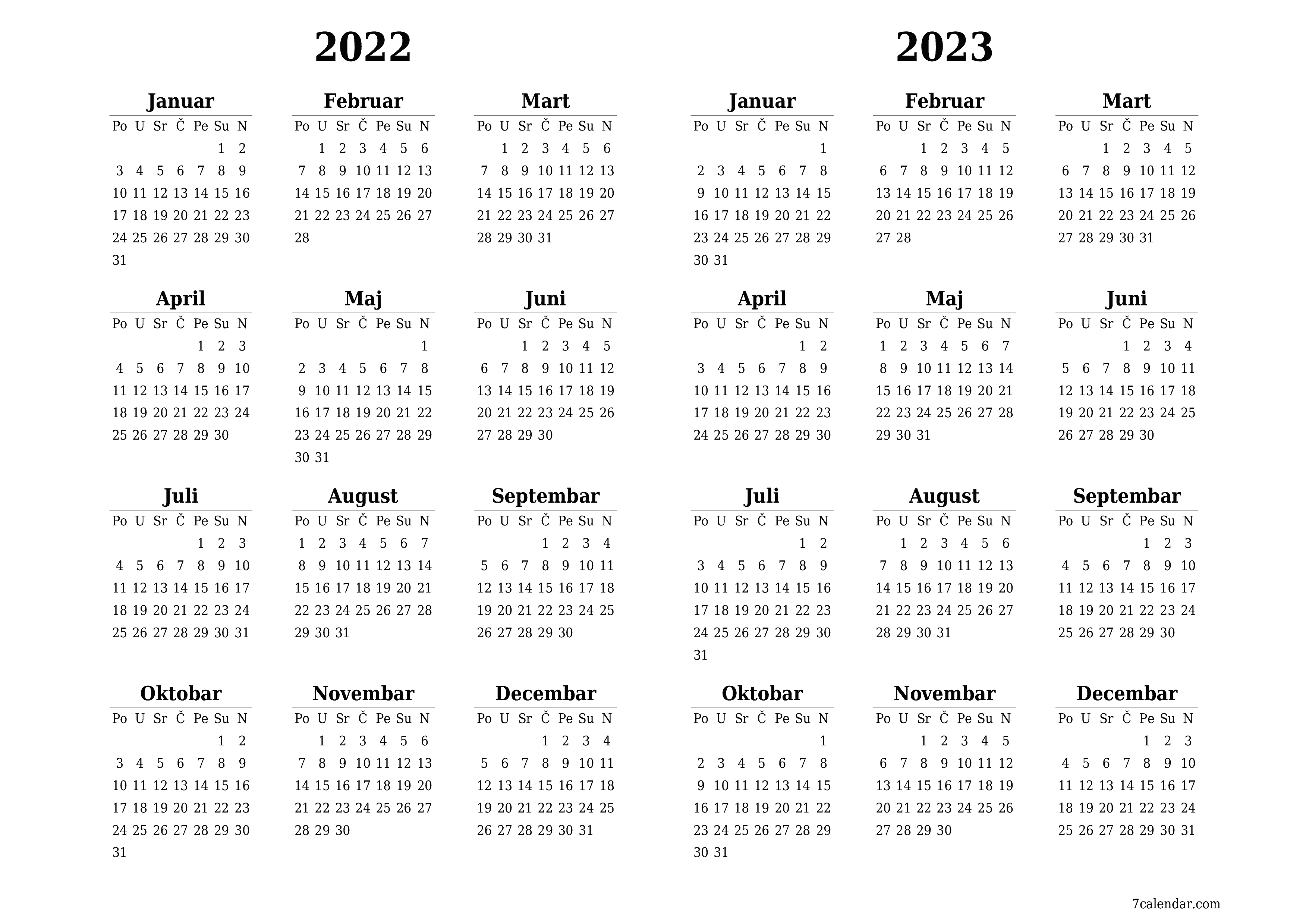 Ispraznite godišnji kalendar planera za godinu 2022, 2023 s bilješkama, spremite i ispišite u PDF PNG Bosnian - 7calendar.com