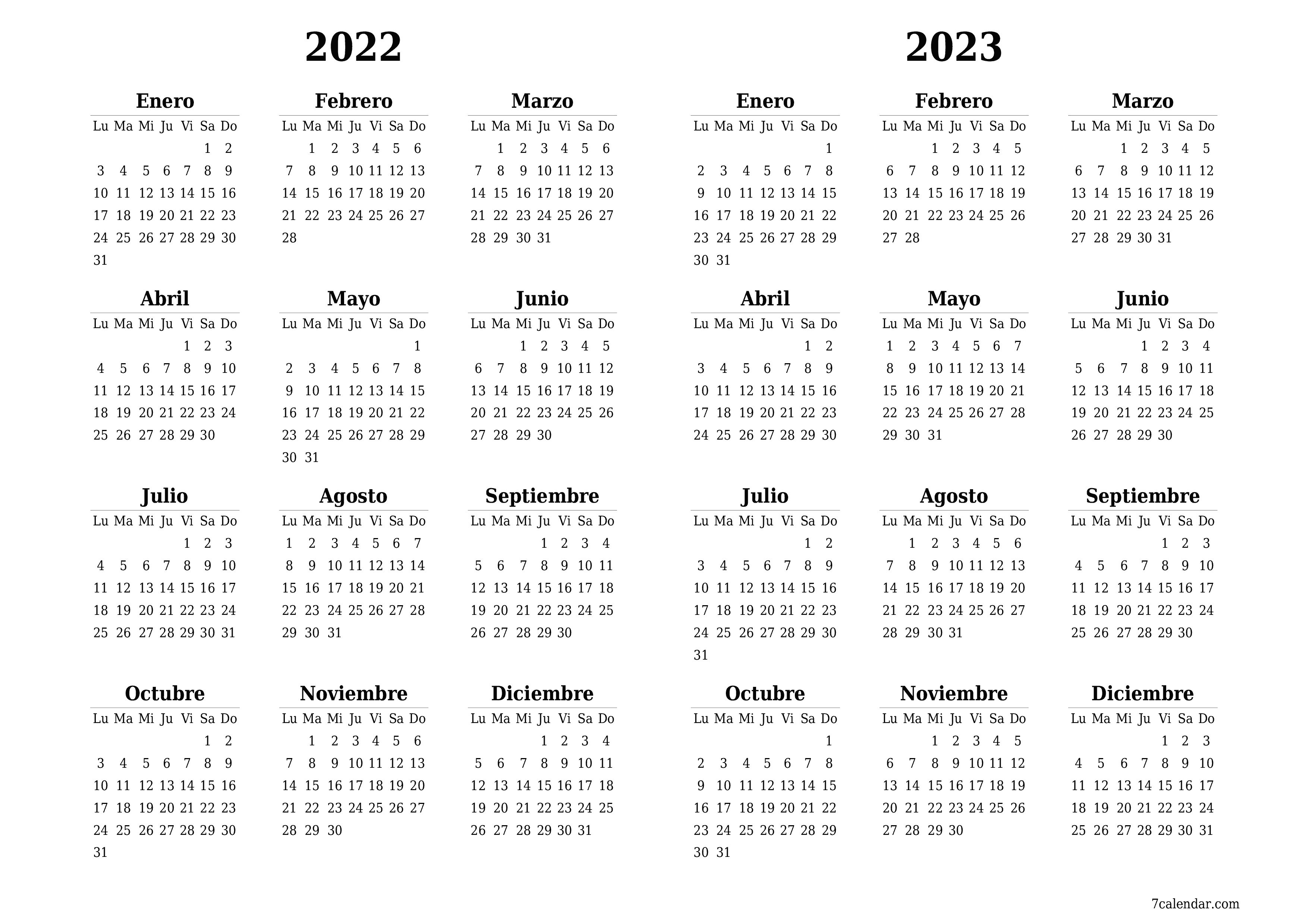 Calendario planificador anual vacío para el año 2022, 2023 con notas, guardar e imprimir en PDF PNG Spanish