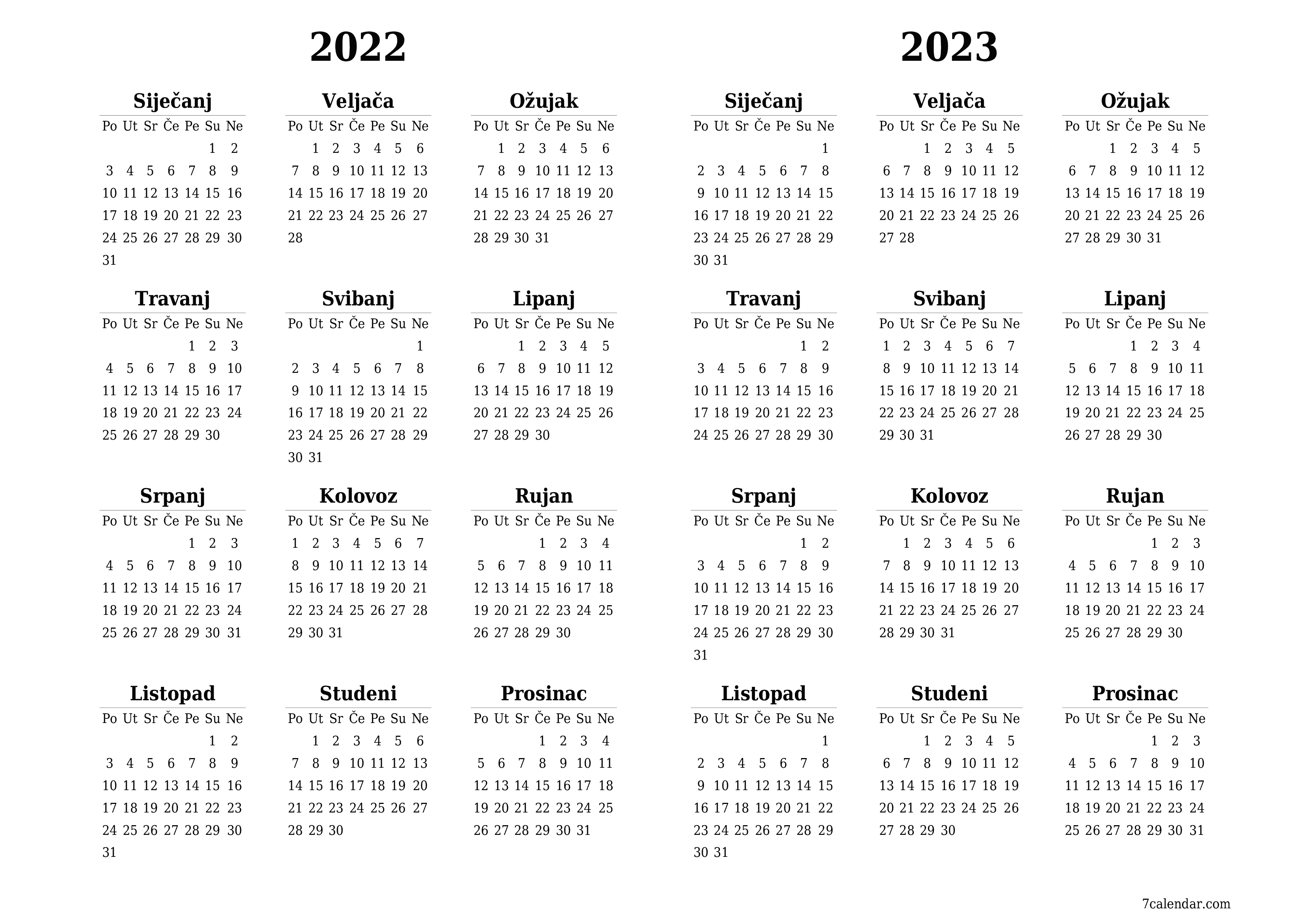 Ispraznite godišnji kalendar planera za godinu 2022, 2023 s bilješkama, spremite i ispišite u PDF PNG Croatian