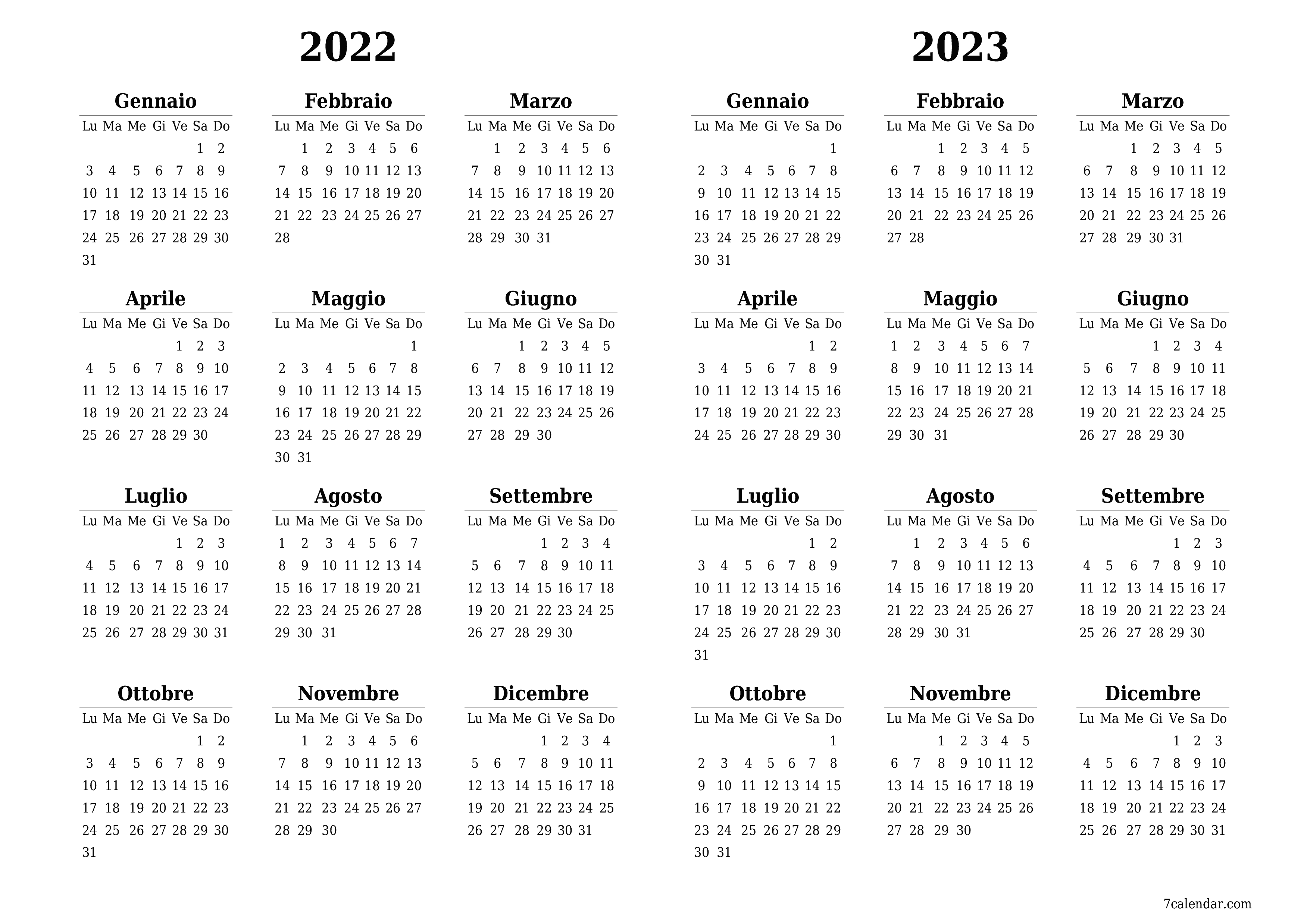 Calendario annuale vuoto per l'anno 2022, 2023 salva e stampa in PDF PNG Italian - 7calendar.com