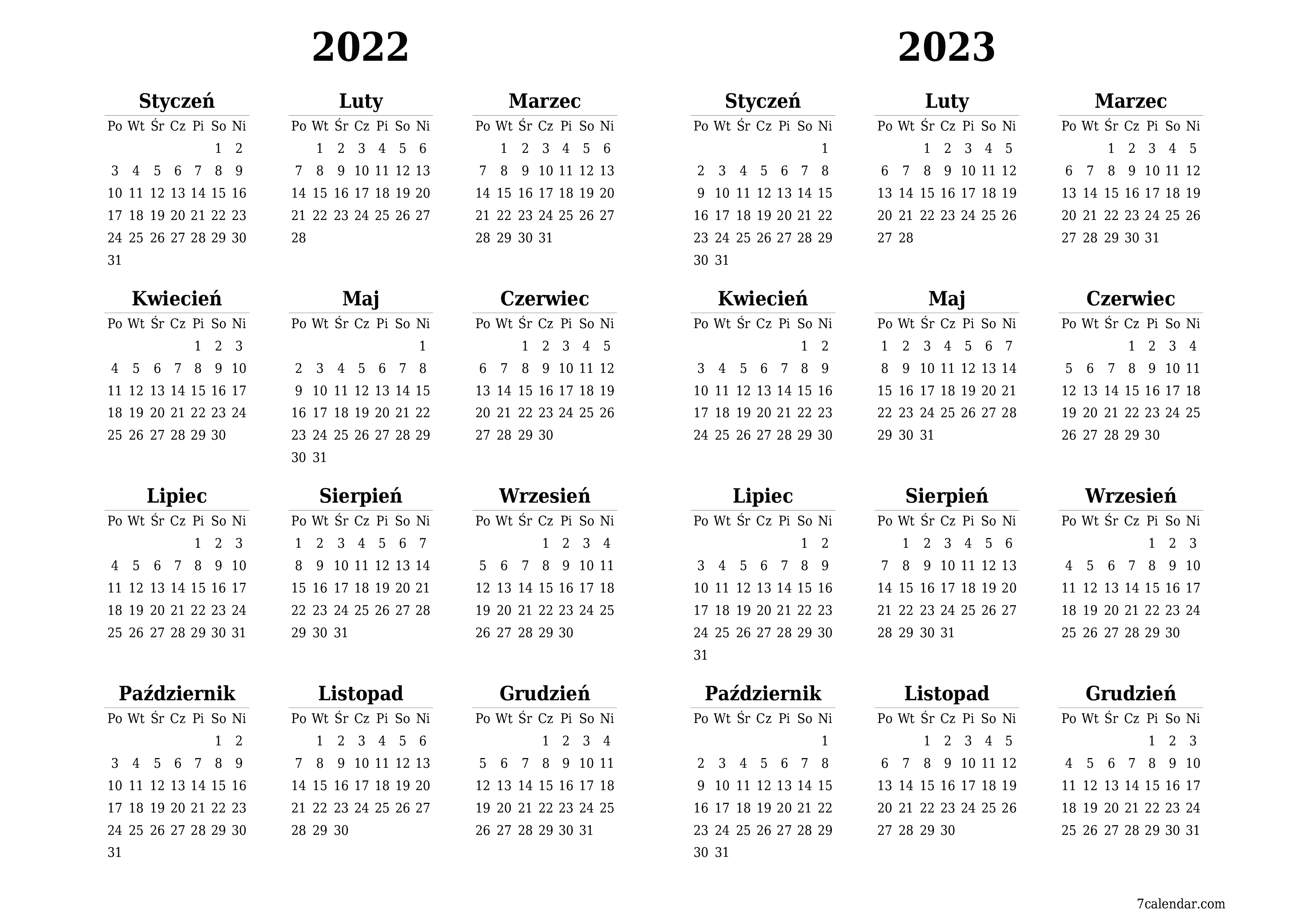 Pusty kalendarz roczny na rok 2022, 2023 zapisywanie i drukowanie w formacie PDF PNG Polish - 7calendar.com