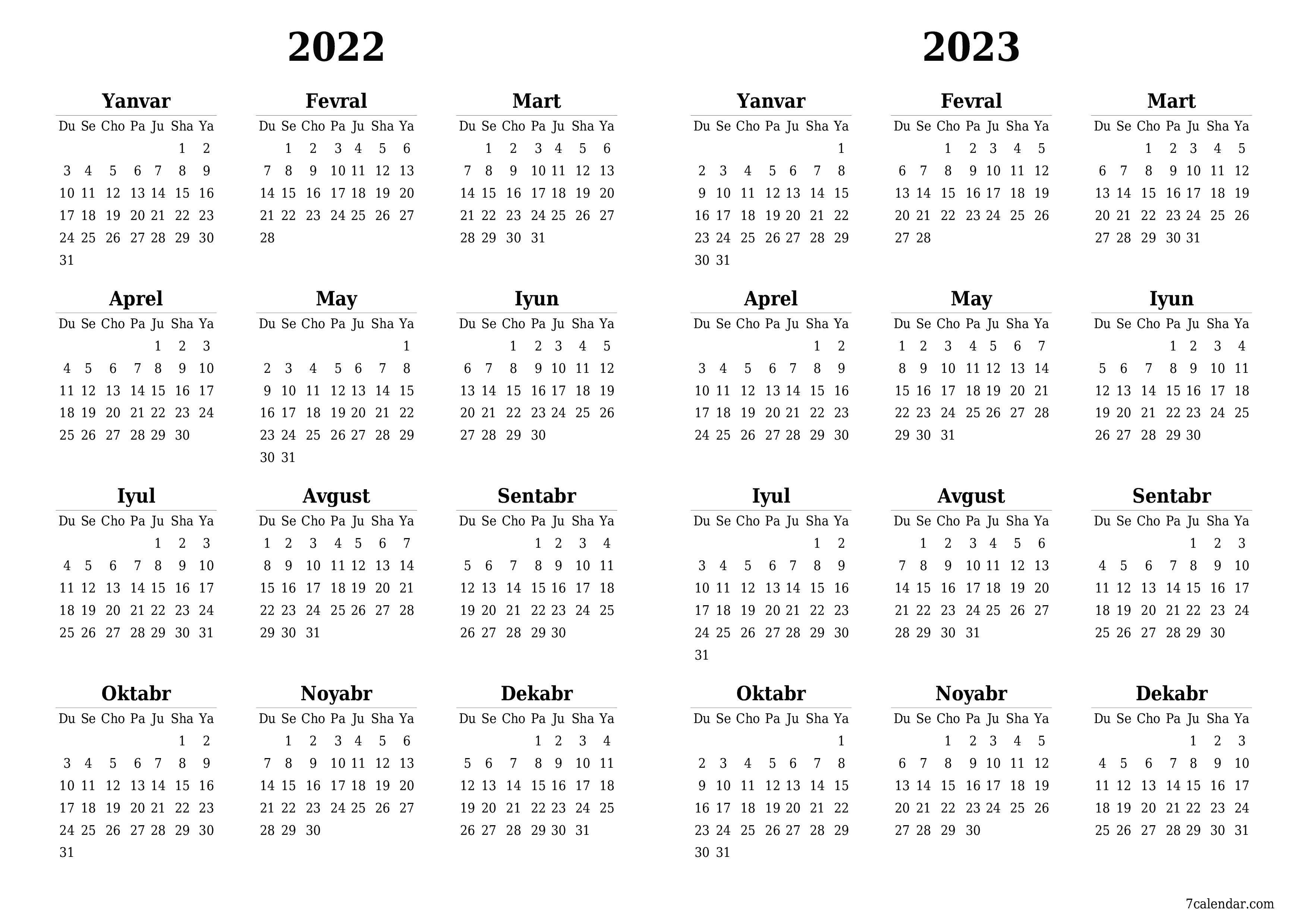 chop etiladigan devor taqvimi shabloni bepul gorizontal Yillik kalendar Sentabr (Sen) 2022