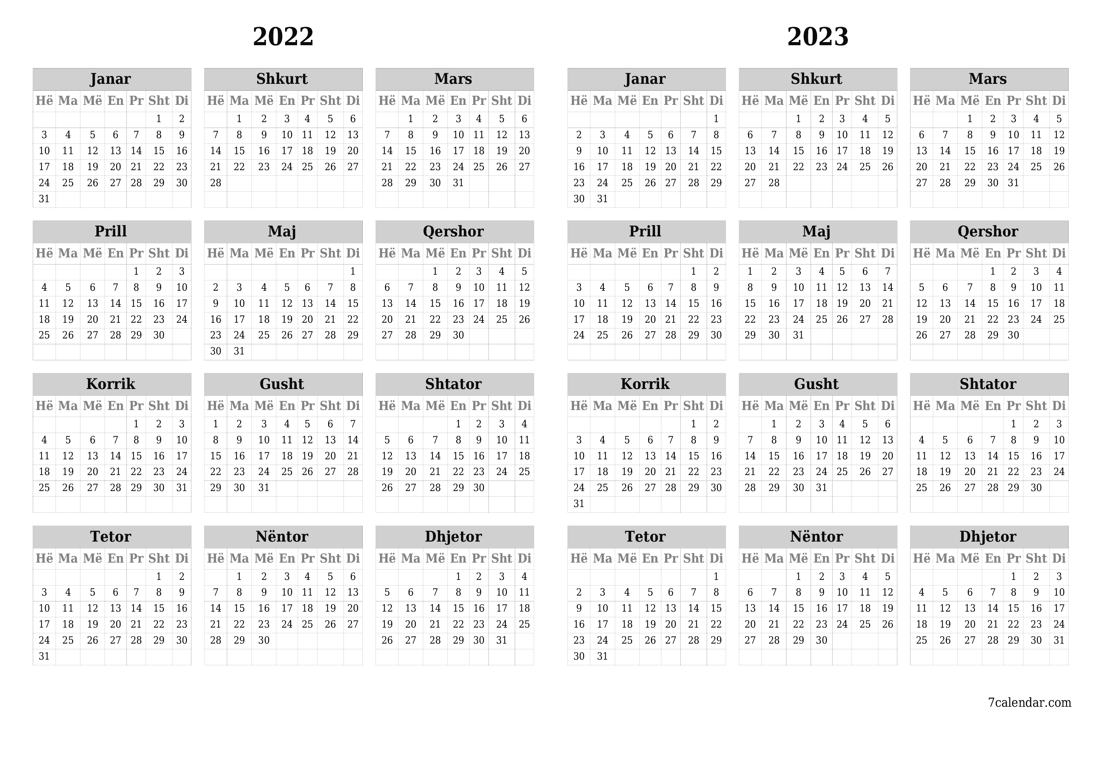 Planifikuesi bosh i kalendarit vjetor për vitin 2022, 2023 me shënime, ruani dhe printoni në PDF PNG Albanian - 7calendar.com