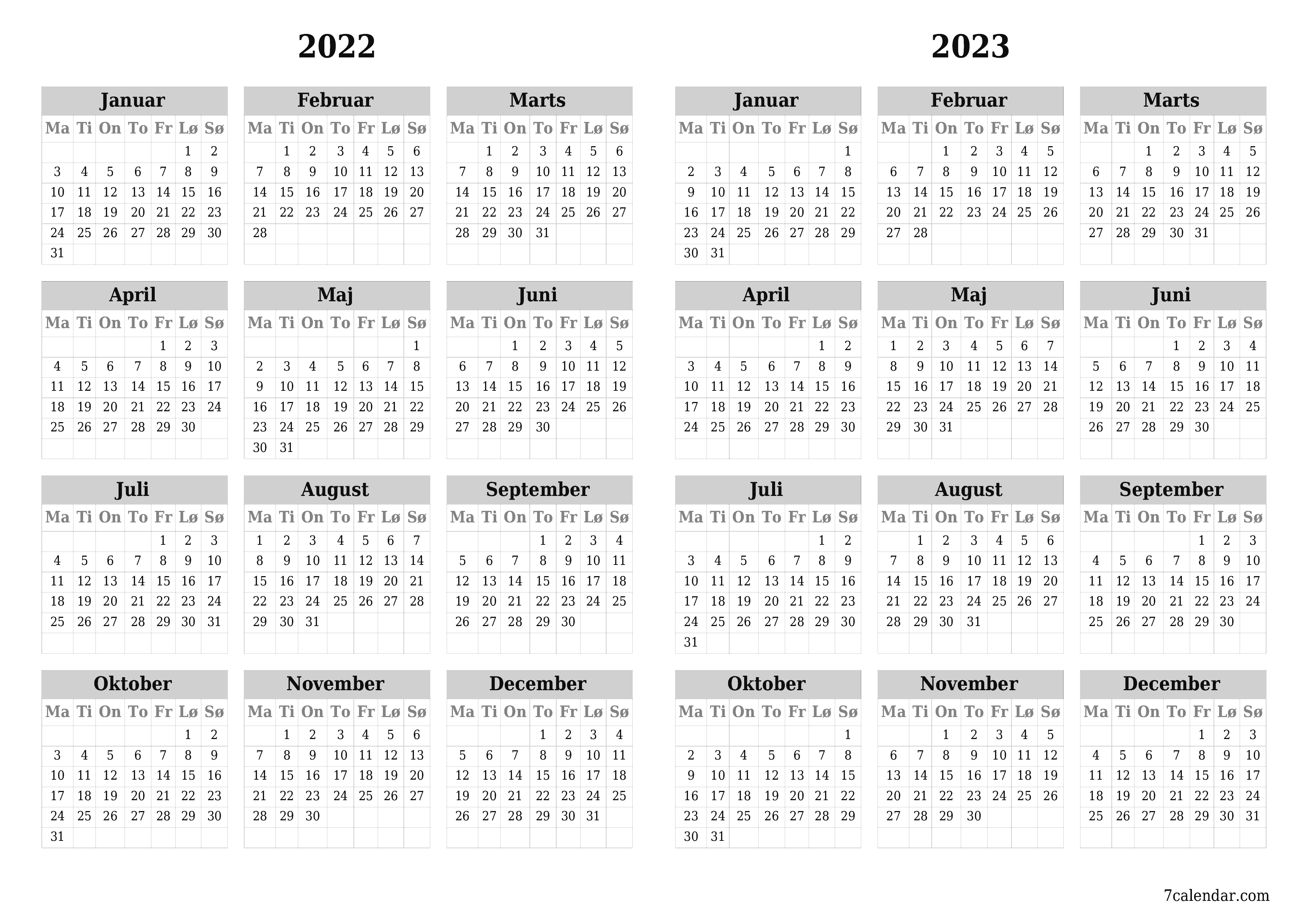 Tom årlig planlægningskalender for året 2022, 2023 med noter, gem og udskriv til PDF PNG Danish