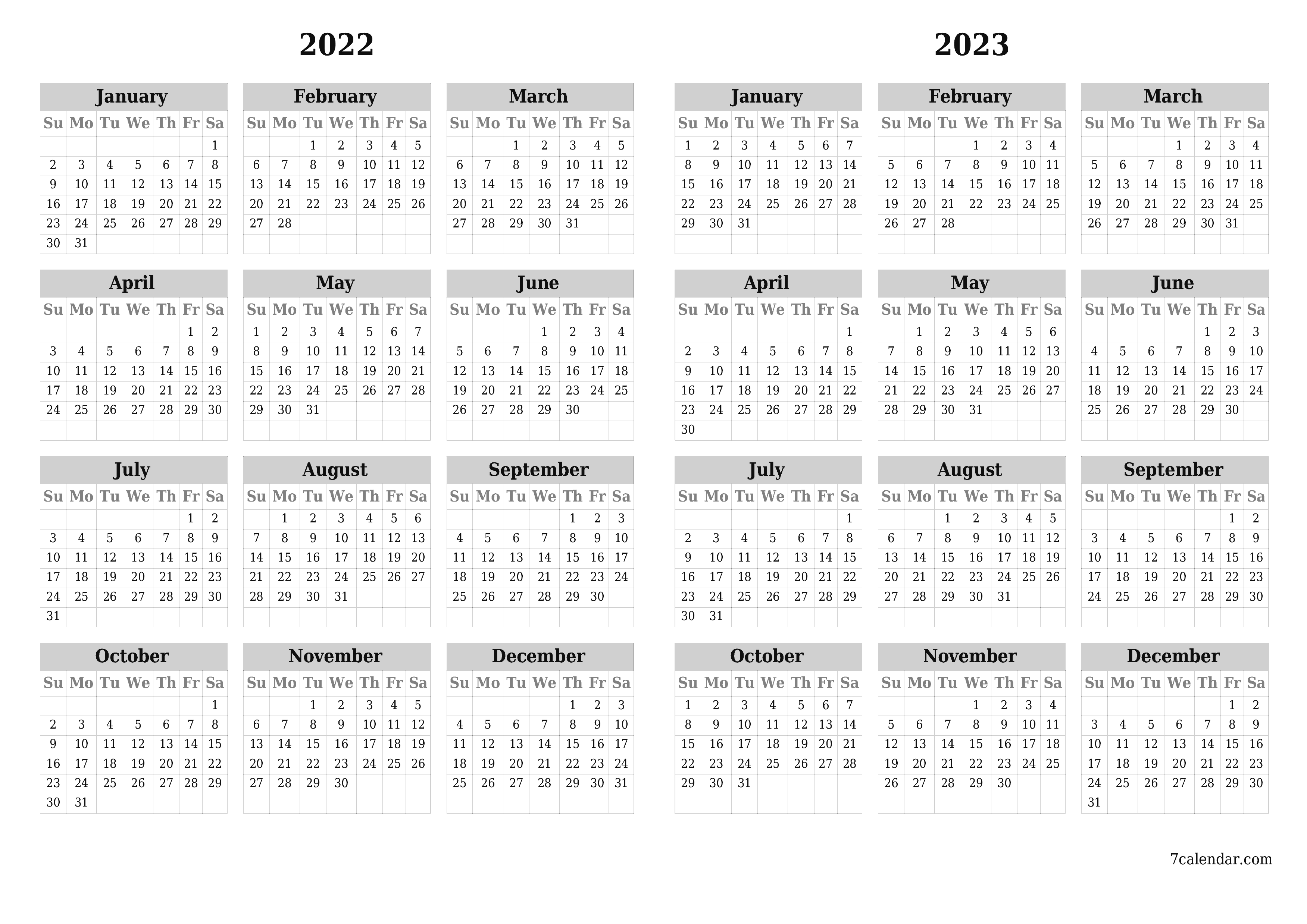 Blank yearly printable calendar and planner for the year 2022, 2023 with notes, save and print to PDF PNG English - 7calendar.com