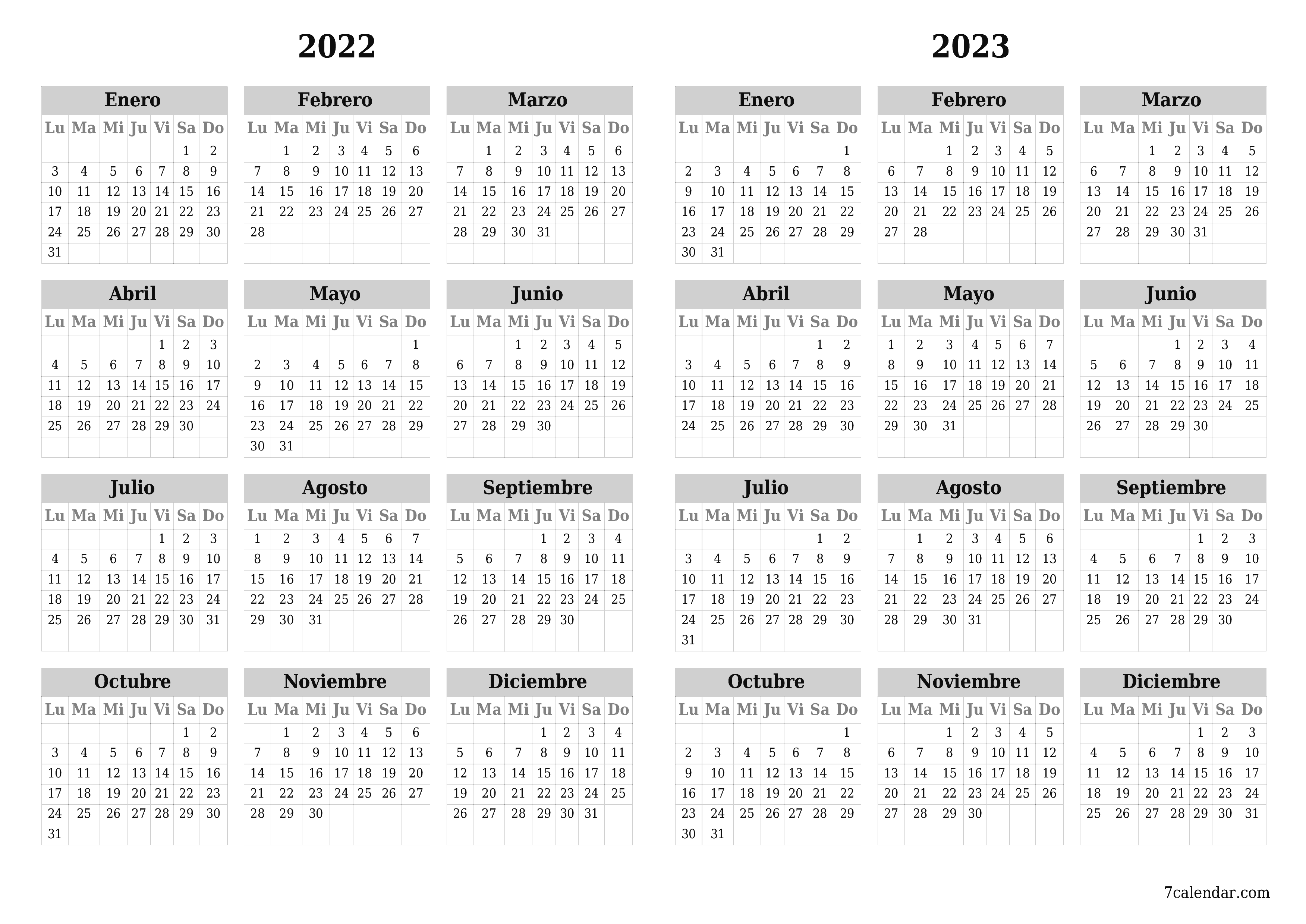 Calendario planificador anual vacío para el año 2022, 2023 con notas, guardar e imprimir en PDF PNG Spanish - 7calendar.com