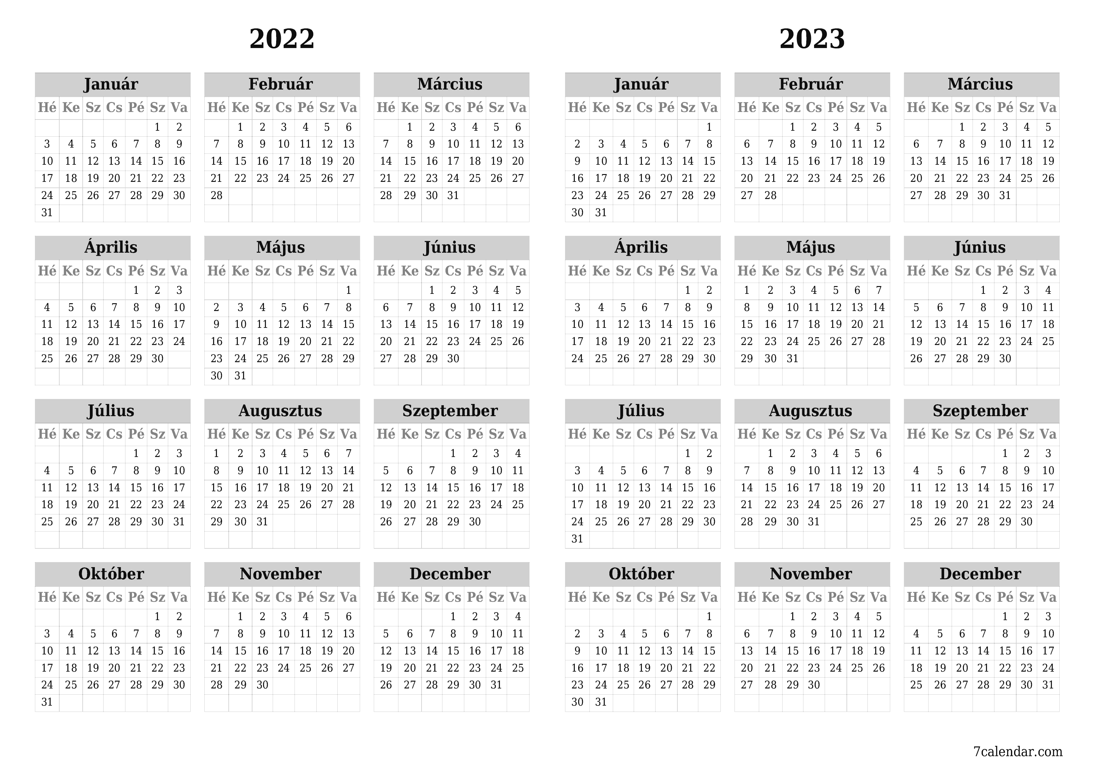 Üres éves tervezői naptár az évre 2022, 2023 jegyzetekkel, mentés és nyomtatás PDF-be PNG Hungarian - 7calendar.com