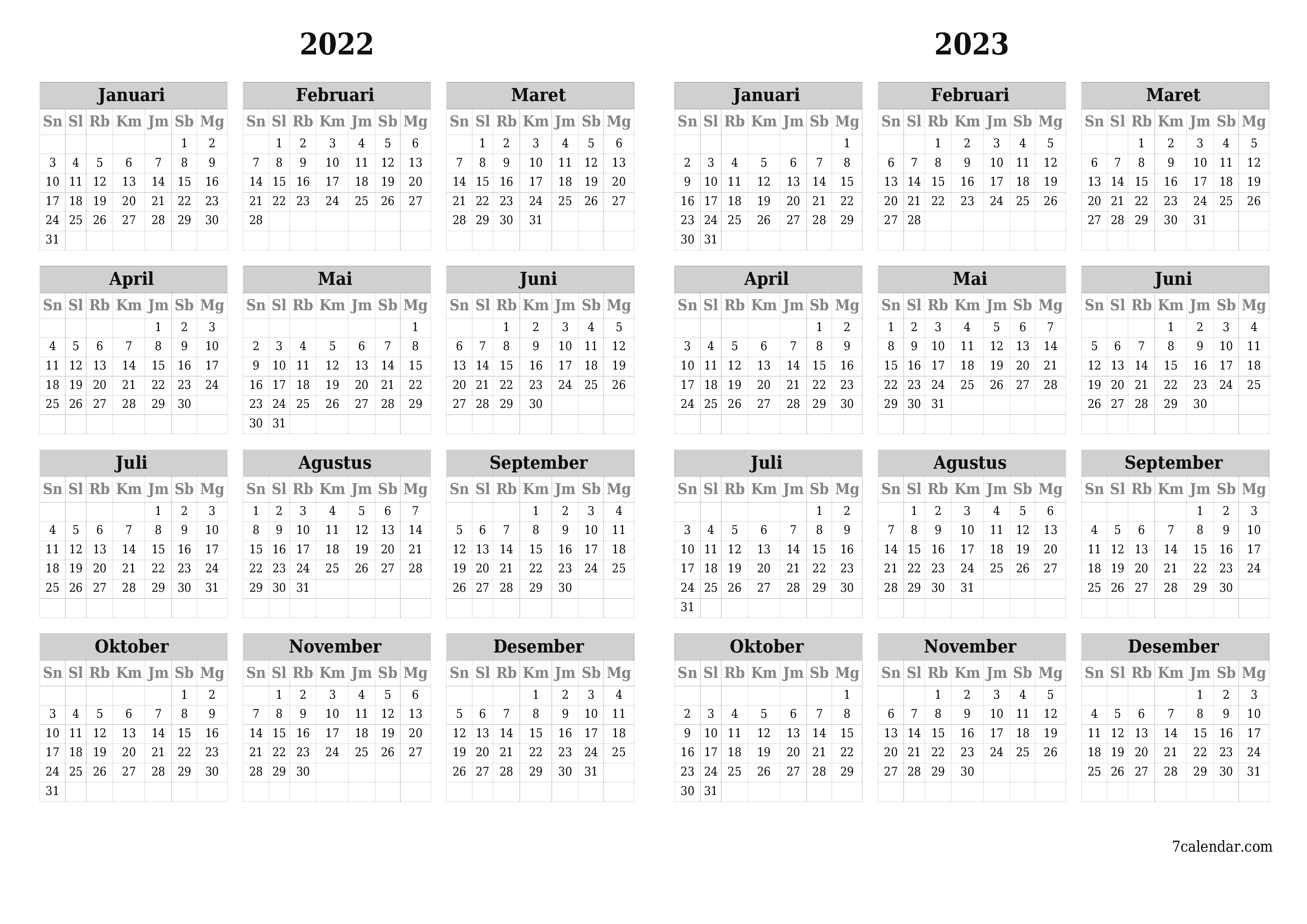 Kosongkan kalender perencana tahunan untuk tahun ini 2022, 2023 dengan catatan, simpan dan cetak ke PDF PNG Indonesian - 7calendar.com