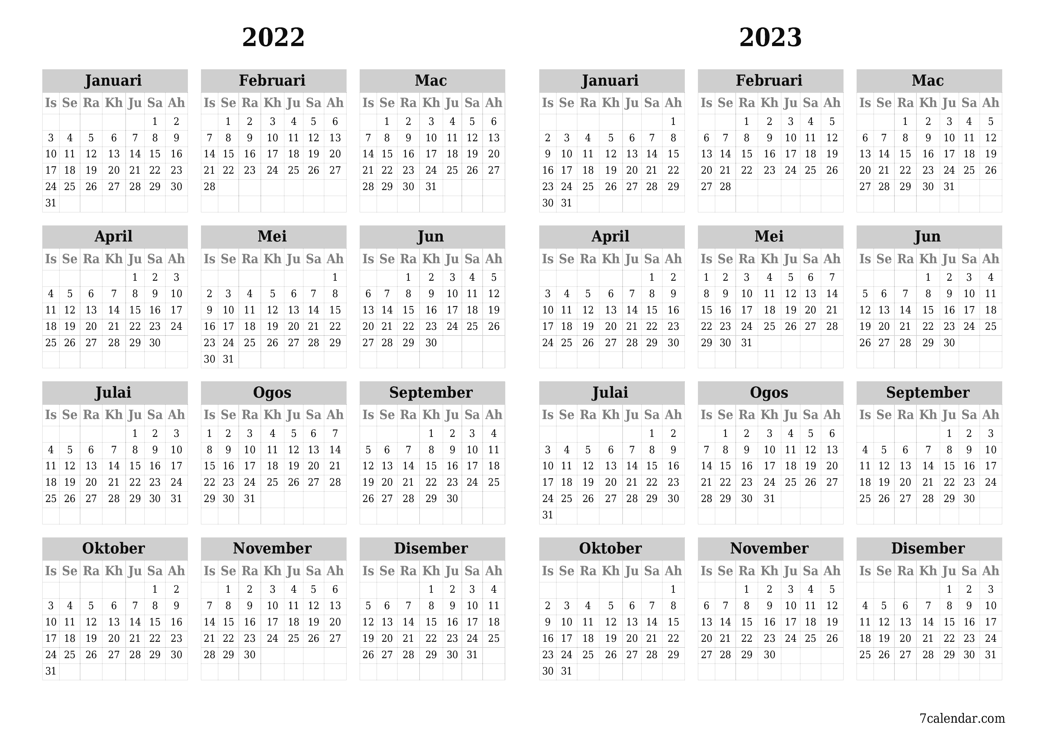 Kalendar perancang tahunan kosong untuk tahun ini 2022, 2023 dengan nota, simpan dan cetak ke PDF PNG Malay - 7calendar.com