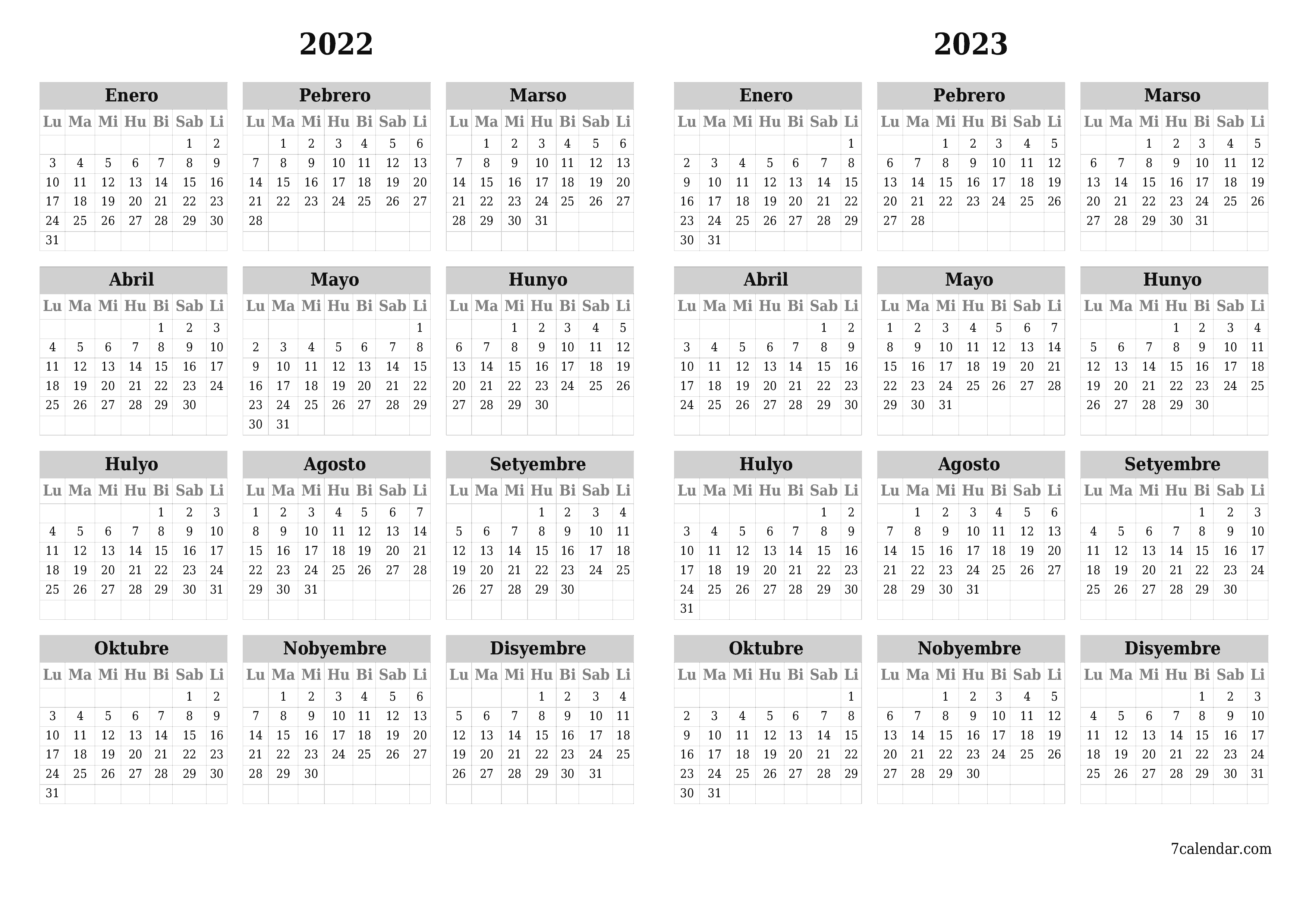 Blangkong taunang kalendaryo para sa taon 2022, 2023 i-save at i-print sa PDF PNG Filipino - 7calendar.com