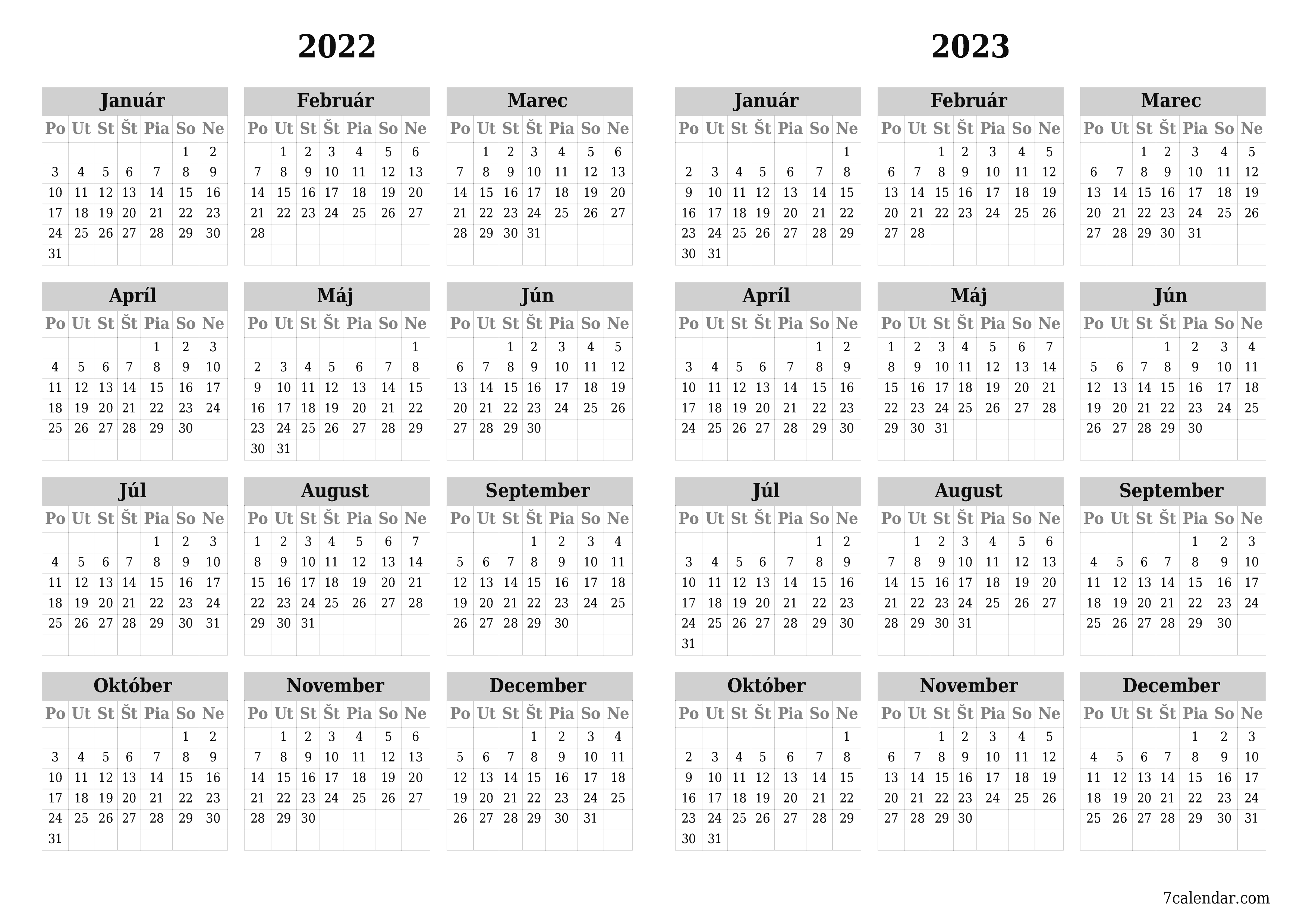 Prázdny ročný kalendár plánovača na rok 2022, 2023 s poznámkami, uložením a tlačou do formátu PDF PNG Slovak - 7calendar.com