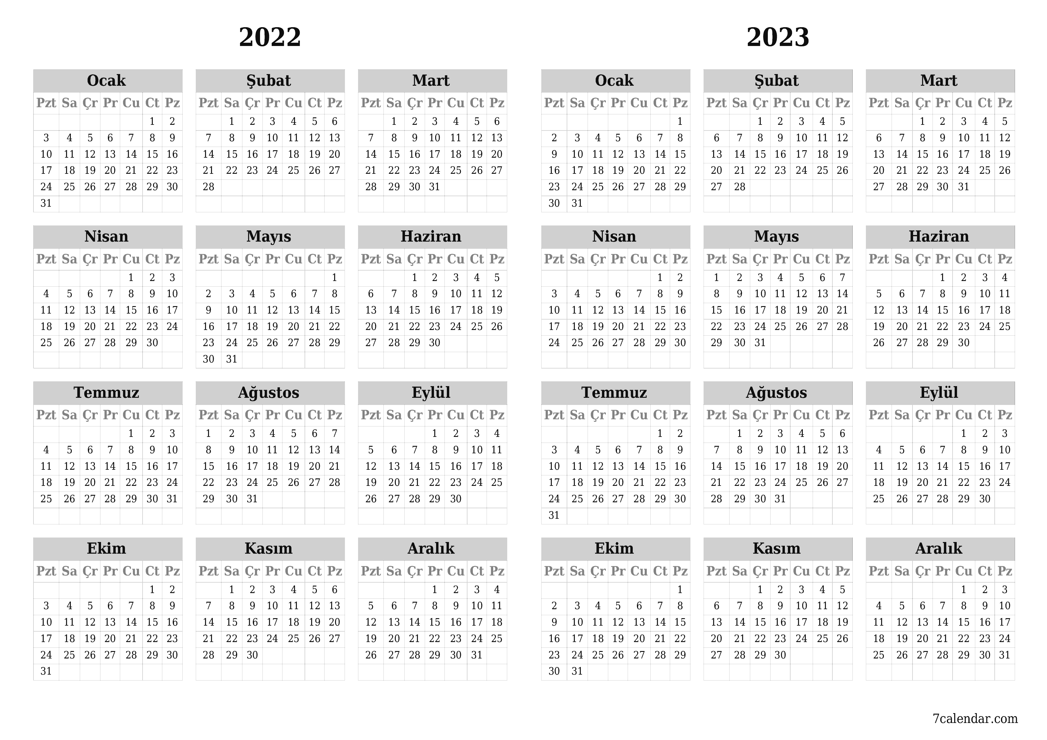 Yıl için boş yıllık takvim 2022, 2023 kaydedin ve PDF'ye yazdırın PNG Turkish - 7calendar.com