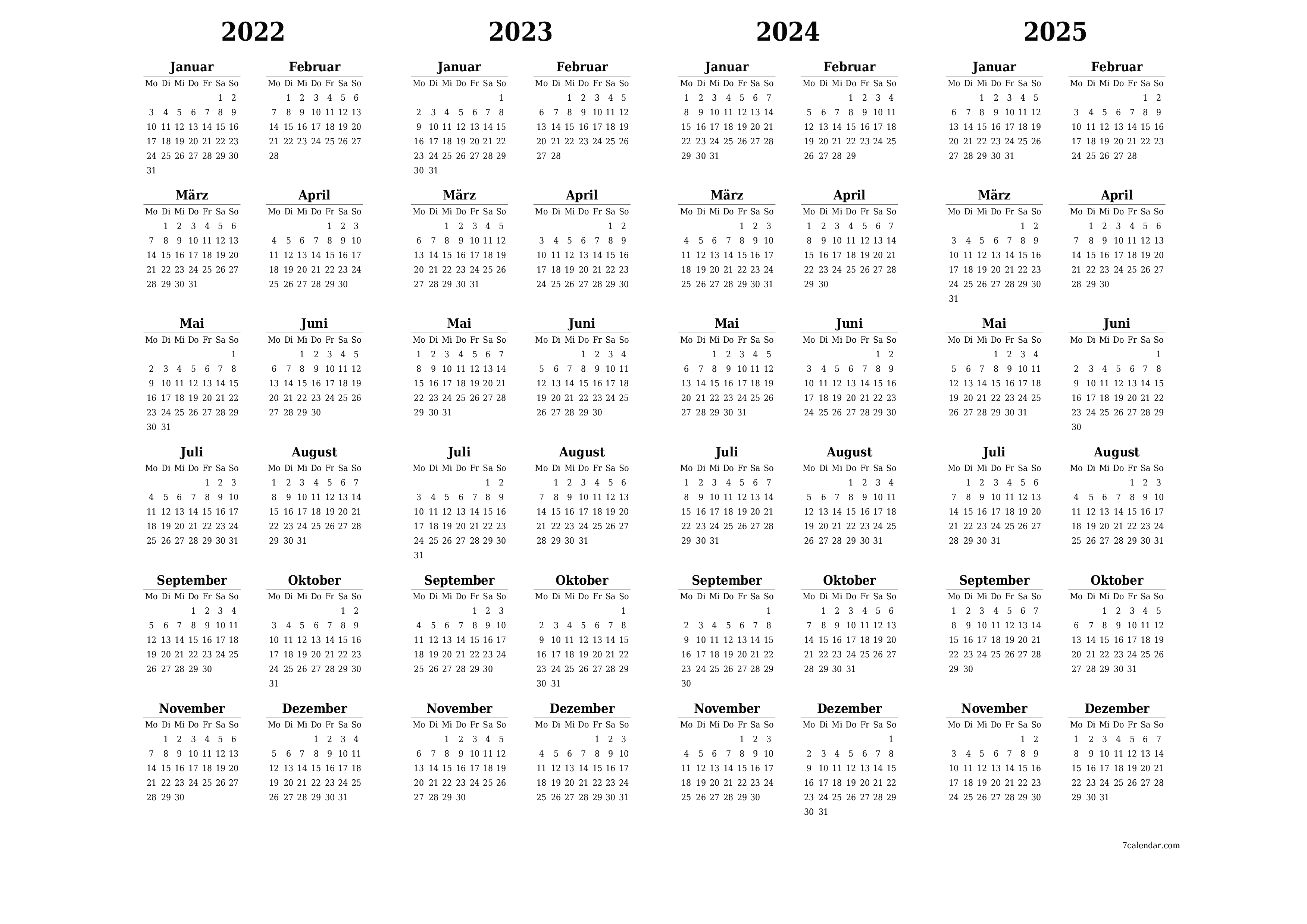 Leerer Jahreskalender für das Jahr 2022, 2023, 2024, 2025 speichern und als PDF PNG German - 7calendar.com drucken