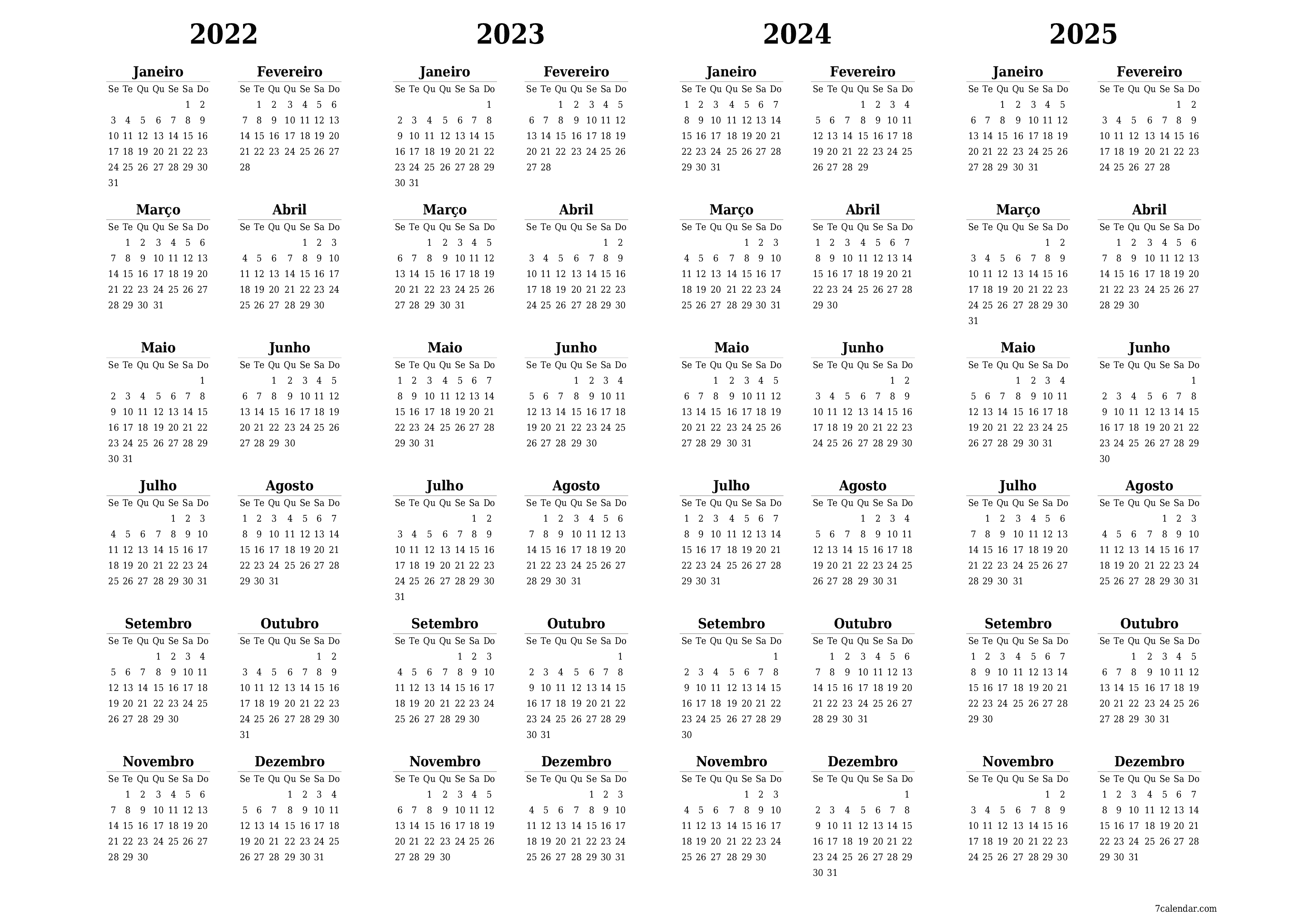 Calendário de planejador anual vazio para o ano 2022, 2023, 2024, 2025 com notas, salve e imprima em PDF PNG Portuguese - 7calendar.com