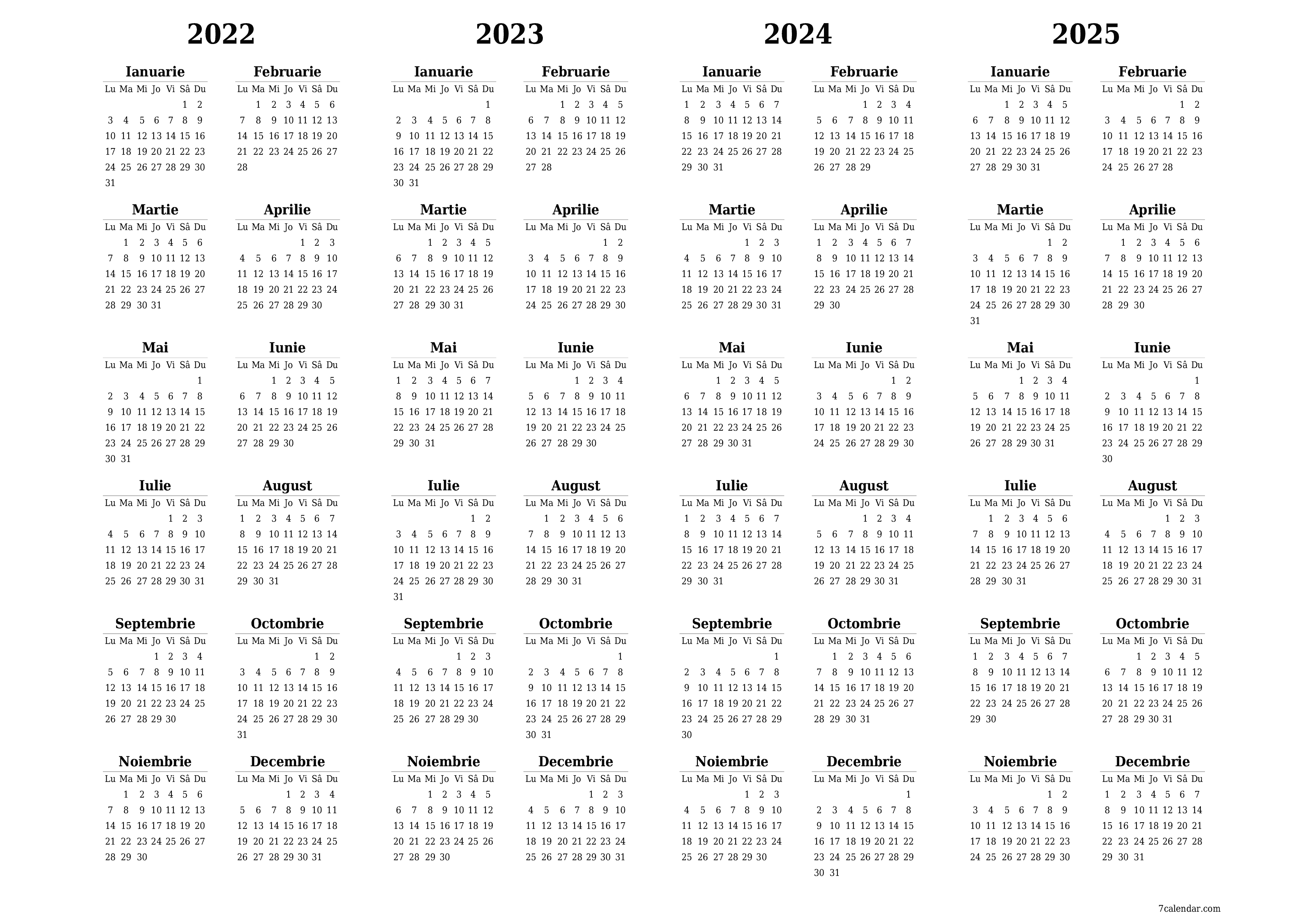 Calendar anual gol pentru anul 2022, 2023, 2024, 2025 salvați și imprimați în format PDF PNG Romanian - 7calendar.com