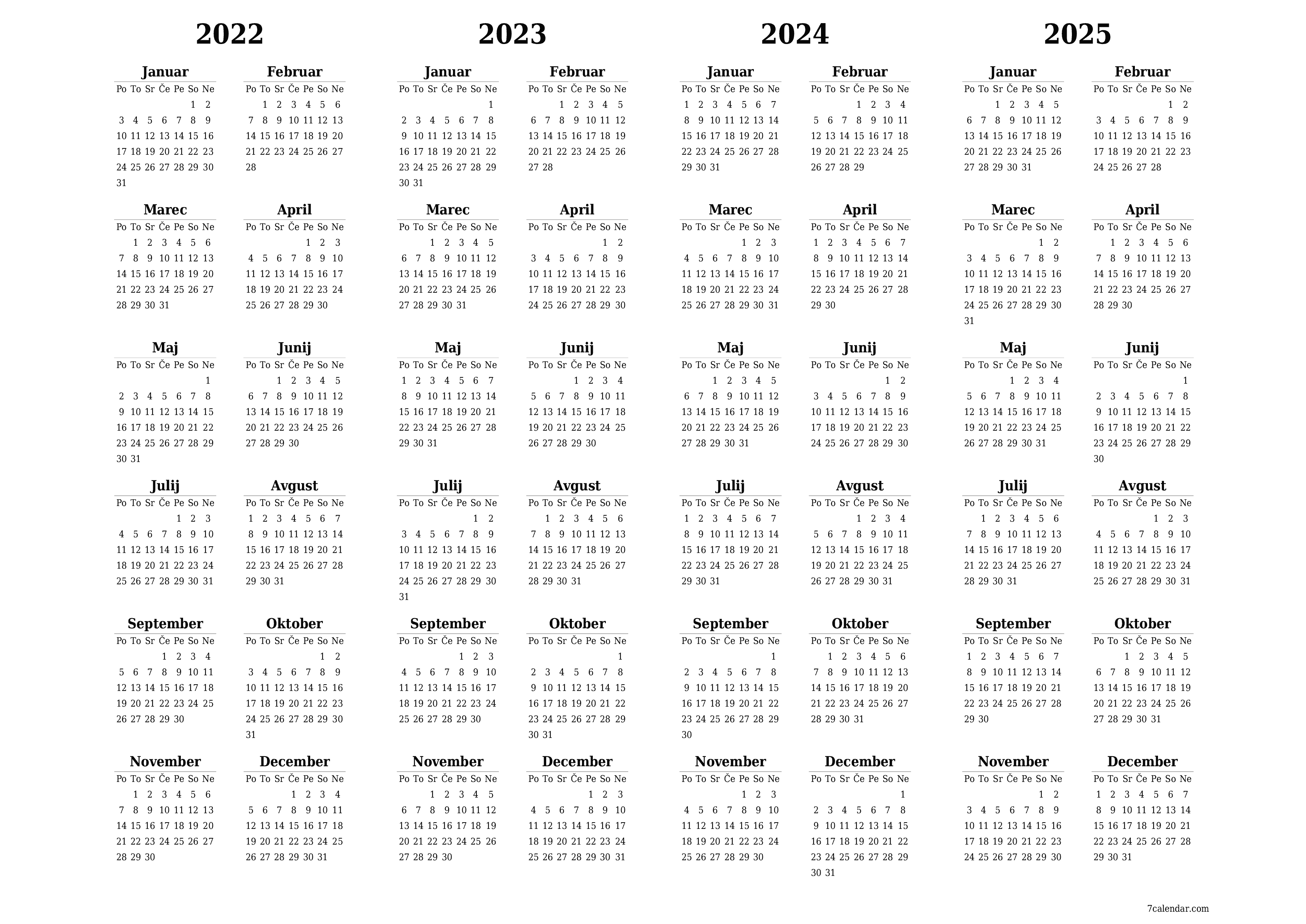 Prazen letni načrtovalec koledarja za leto 2022, 2023, 2024, 2025 z opombami za tiskanje v PDF-ju PNG Slovenian