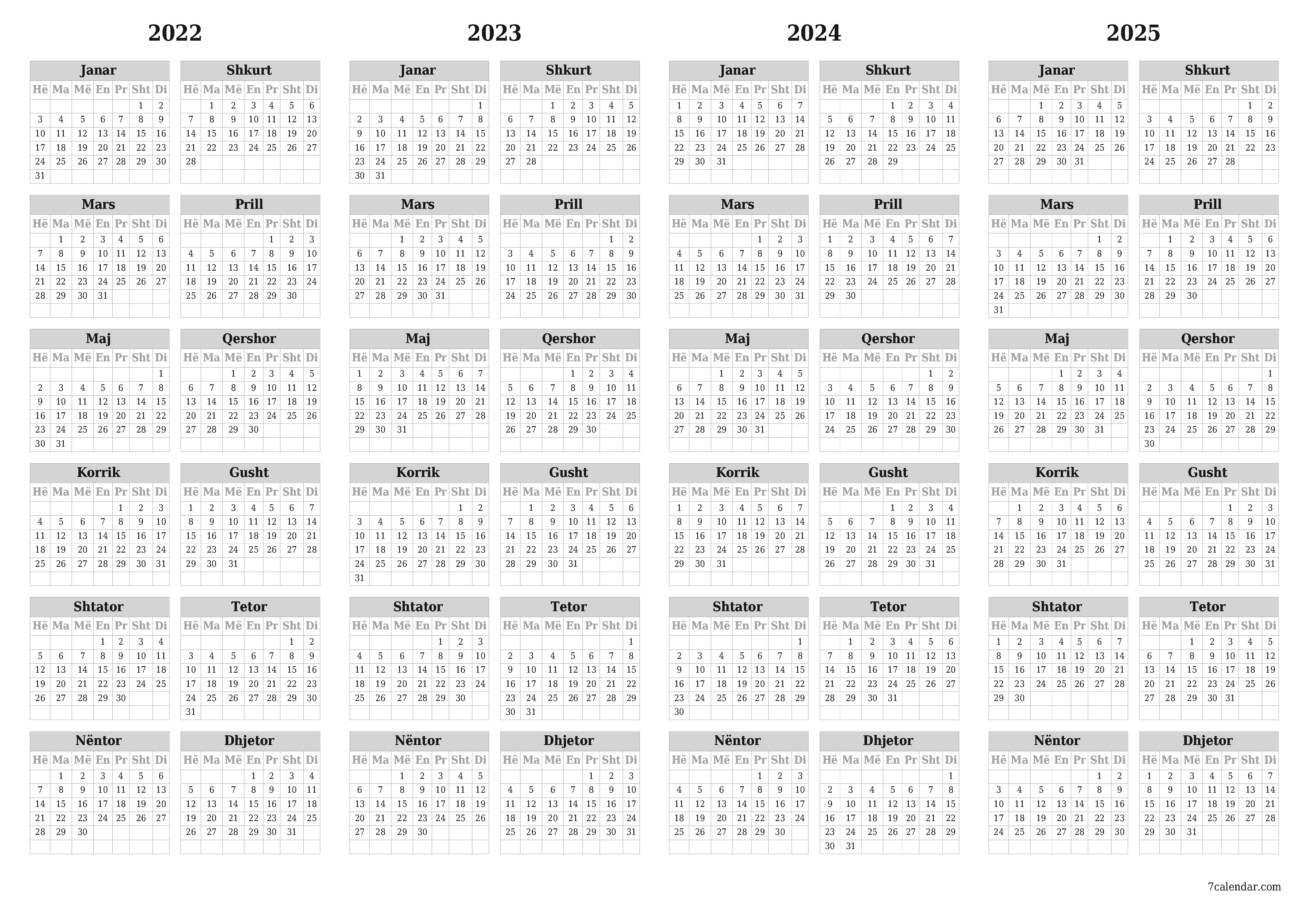 Kalendari bosh vjetor për vitin 2022, 2023, 2024, 2025 ruaj dhe printo në PDF PNG Albanian - 7calendar.com