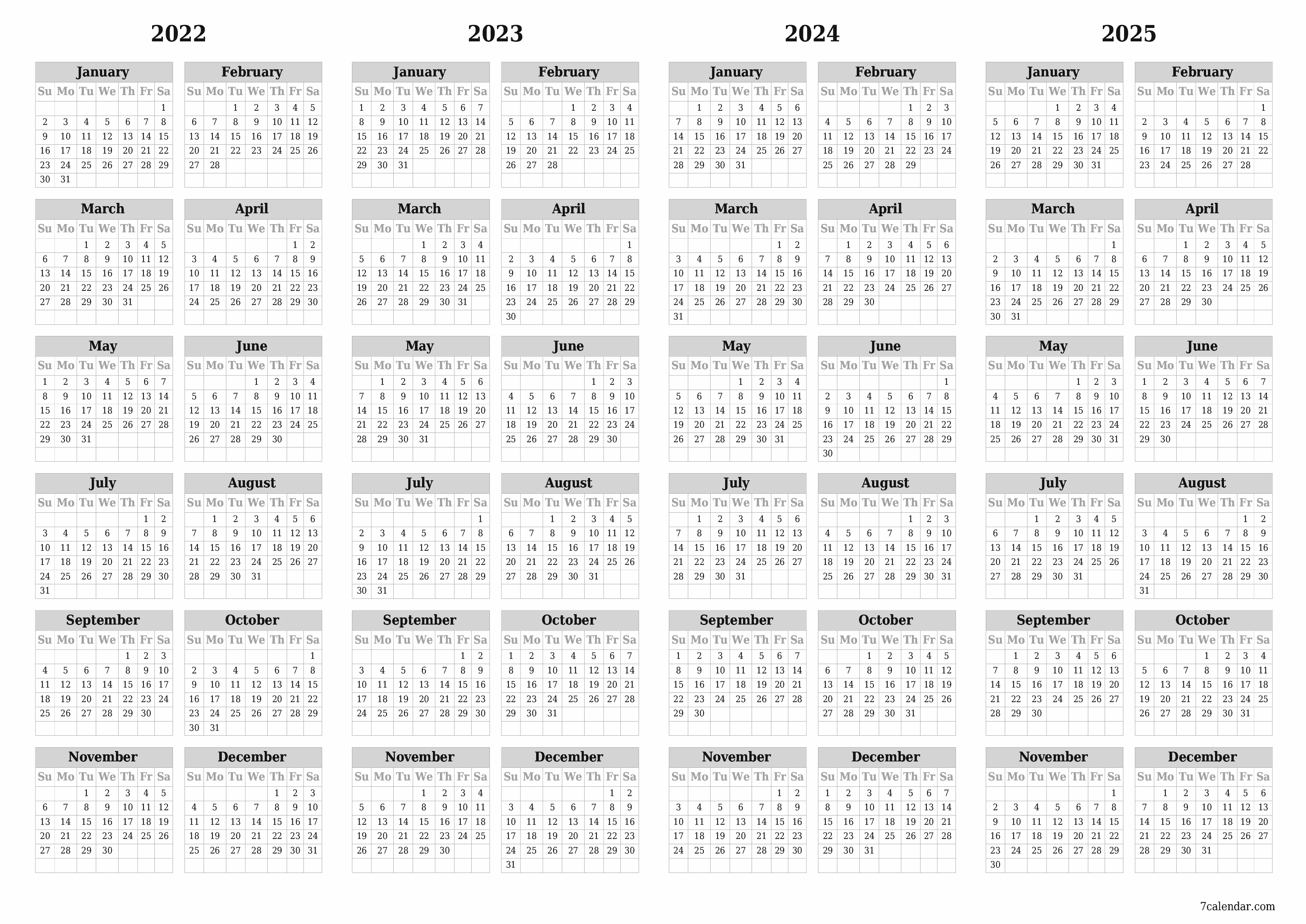 Blank yearly printable calendar and planner for the year 2022, 2023, 2024, 2025 with notes, save and print to PDF PNG English - 7calendar.com