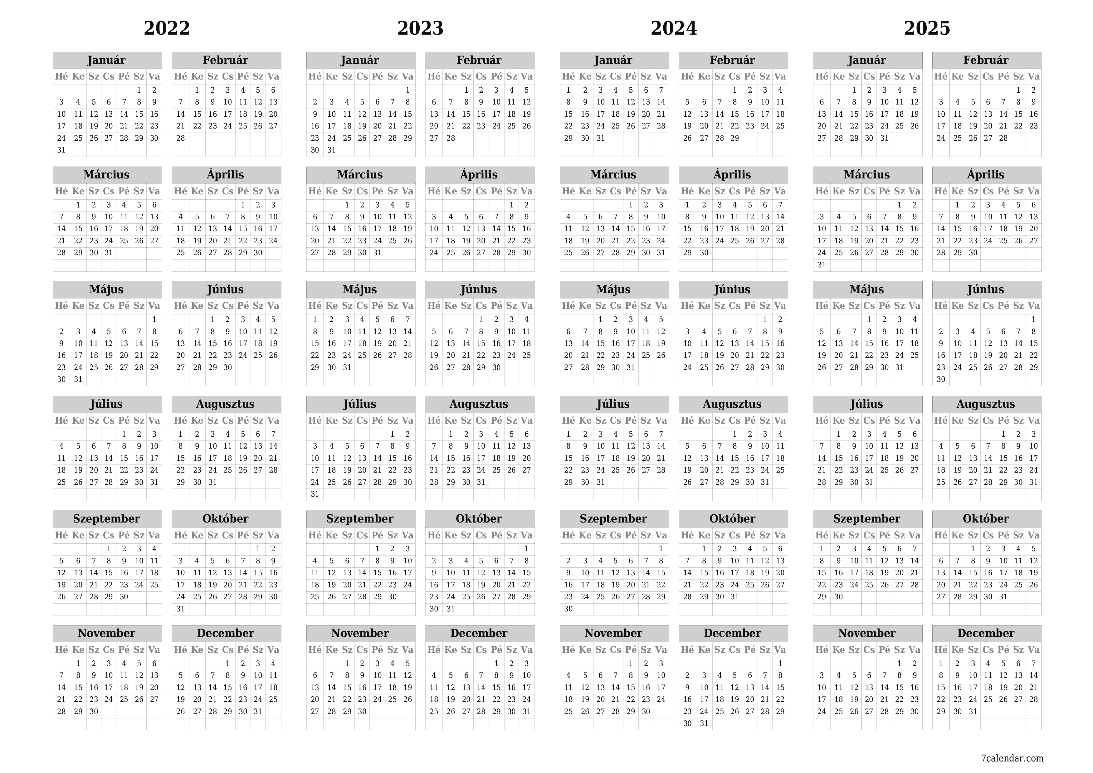 Üres éves tervezői naptár az évre 2022, 2023, 2024, 2025 jegyzetekkel, mentés és nyomtatás PDF-be PNG Hungarian