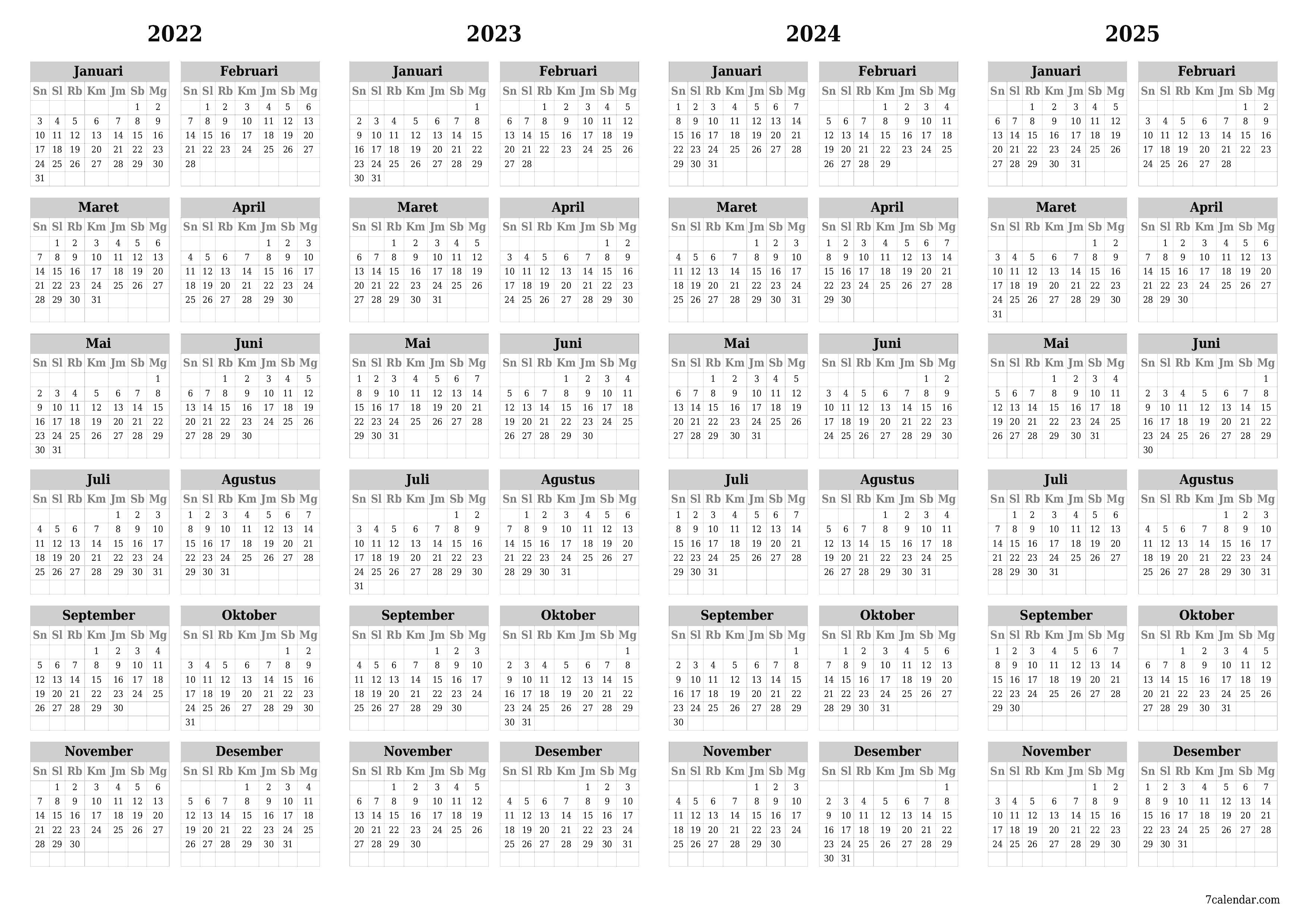 Kosongkan kalender perencana tahunan untuk tahun ini 2022, 2023, 2024, 2025 dengan catatan, simpan dan cetak ke PDF PNG Indonesian