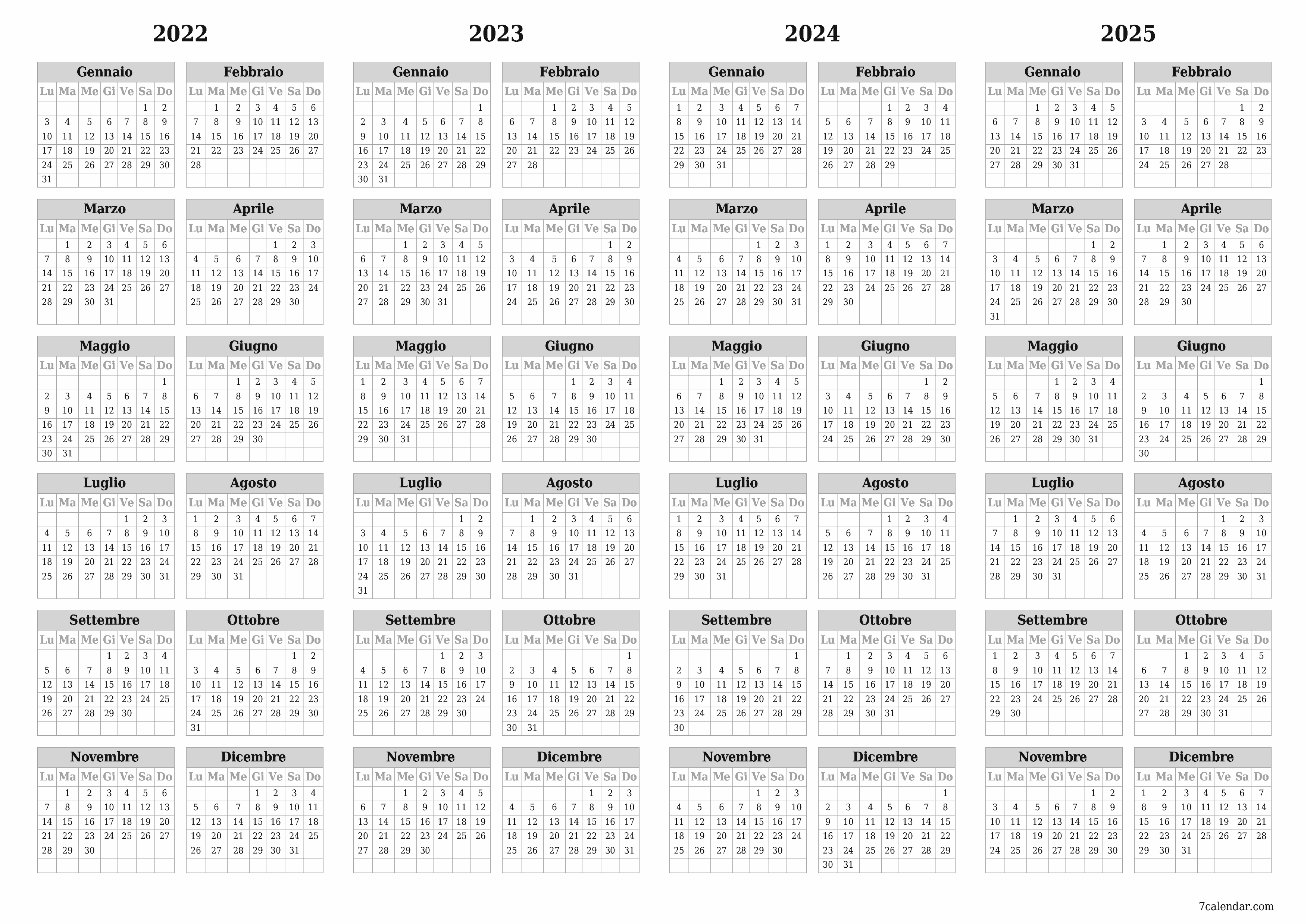 Calendario pianificatore annuale vuoto per l'anno 2022, 2023, 2024, 2025 con note, salva e stampa in PDF PNG Italian