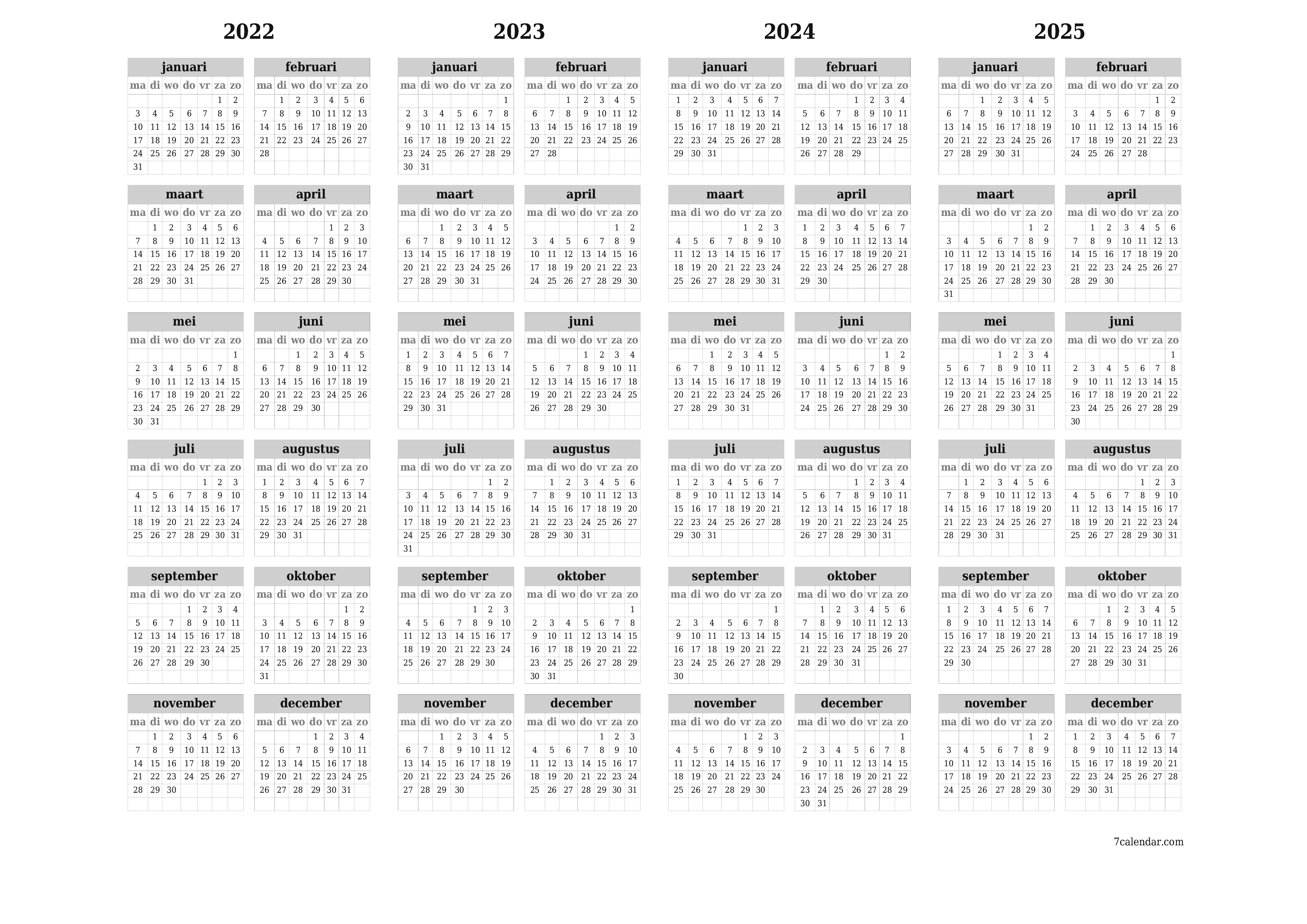 Blanco jaarkalender voor jaar 2022, 2023, 2024, 2025 opslaan en afdrukken naar pdf PNG Dutch - 7calendar.com